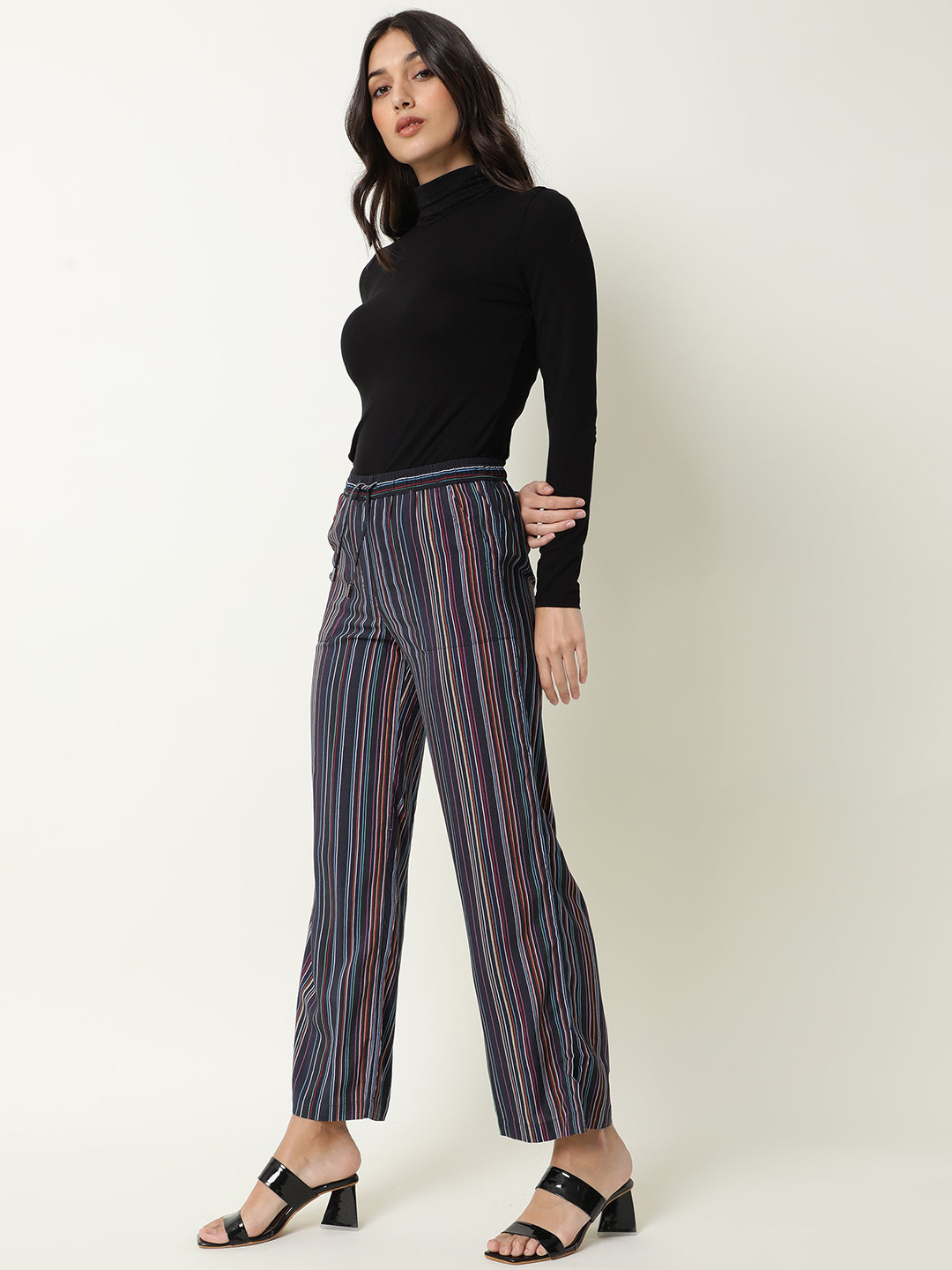 RAREISM Women Black Striped Tailored Slim Fit Trousers