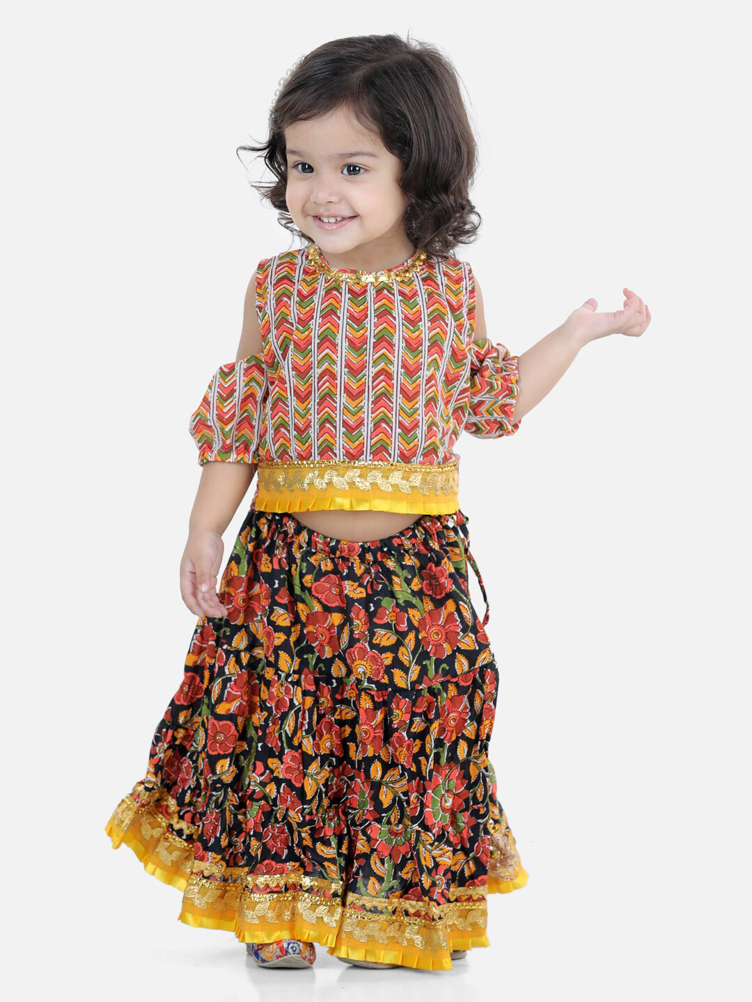 BownBee Girls Black & Orange Kalamkari Printed Ready to Wear Lehenga & Blouse