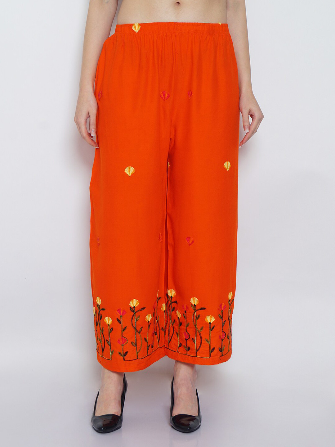 Jinfo Women Orange & Green Floral Embroidered Ethnic Palazzos