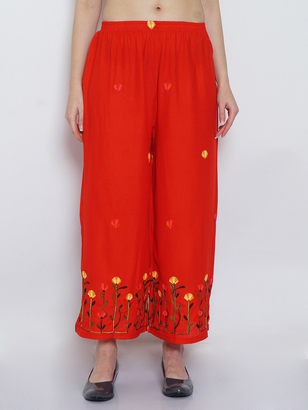 Jinfo Women Red & Yellow Floral Embroidered Ethnic Palazzos
