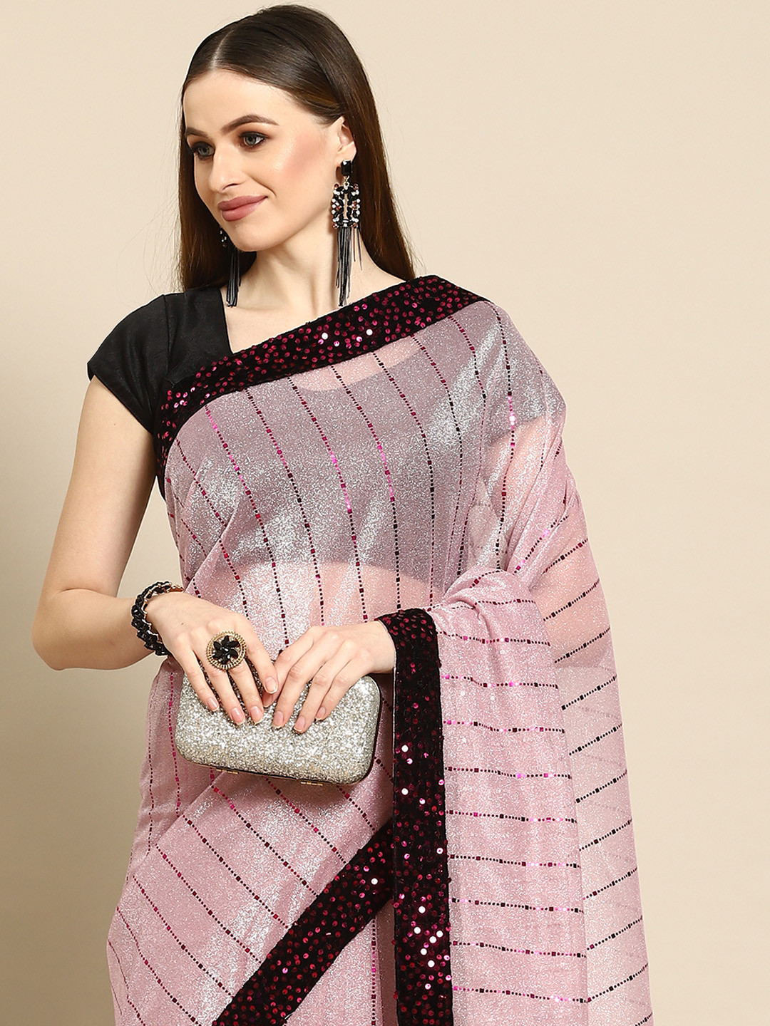 Anouk Pink & Black Striped Sequinned Saree