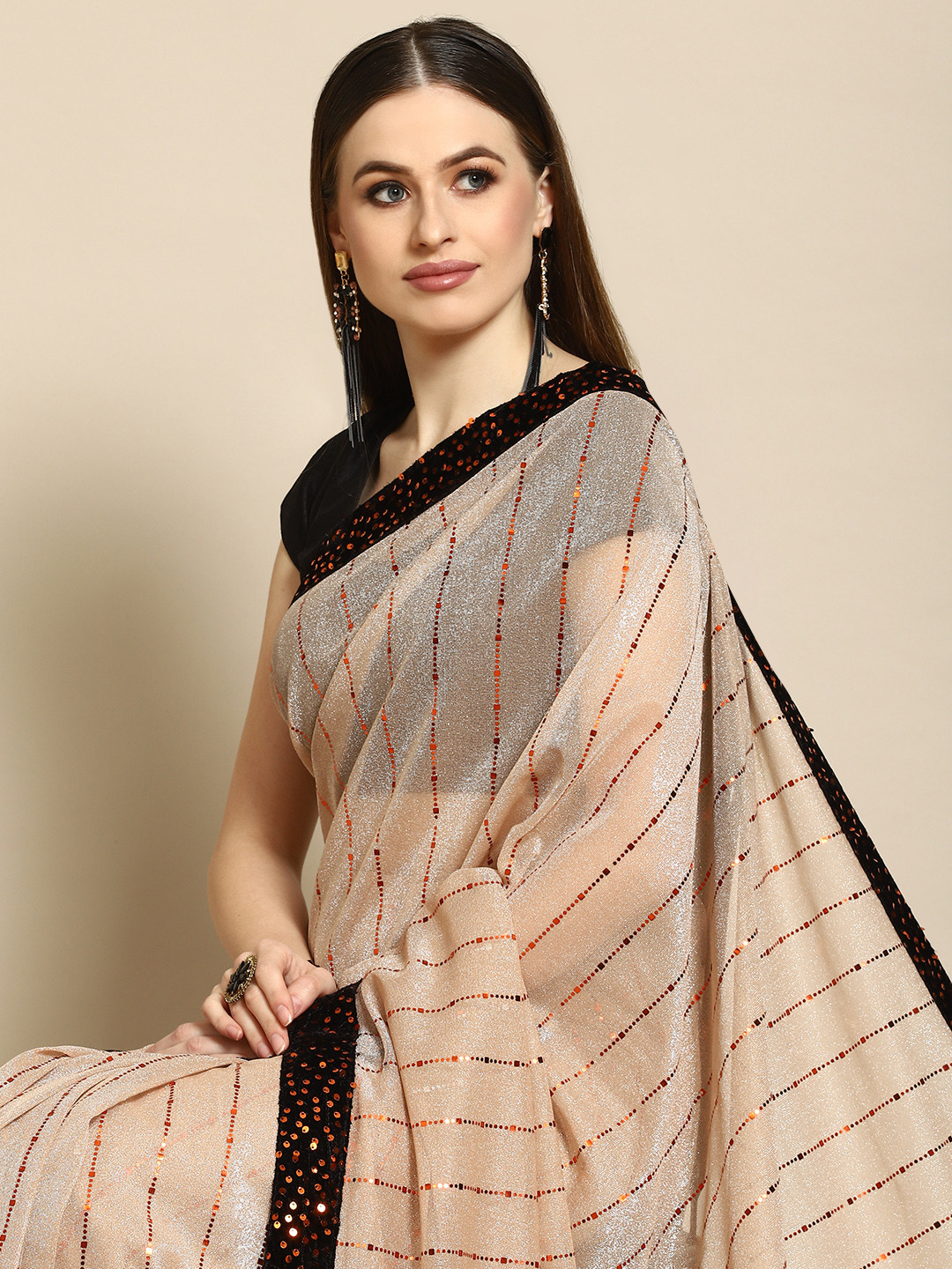 Anouk Peach-Coloured & Black Striped Sequin Polyester Saree