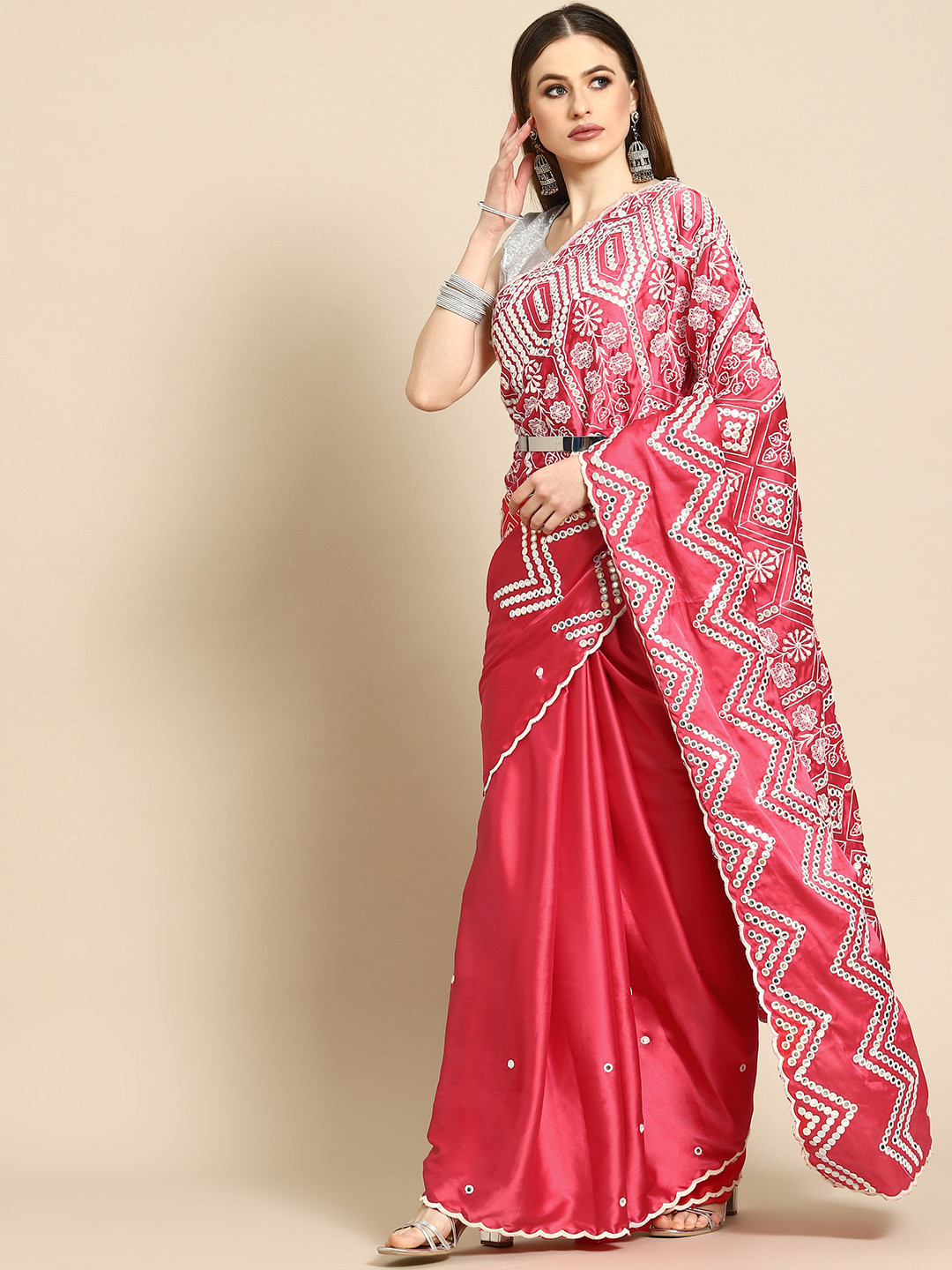 Anouk Pink & White Ethnic Motifs Mirror Work Satin Saree