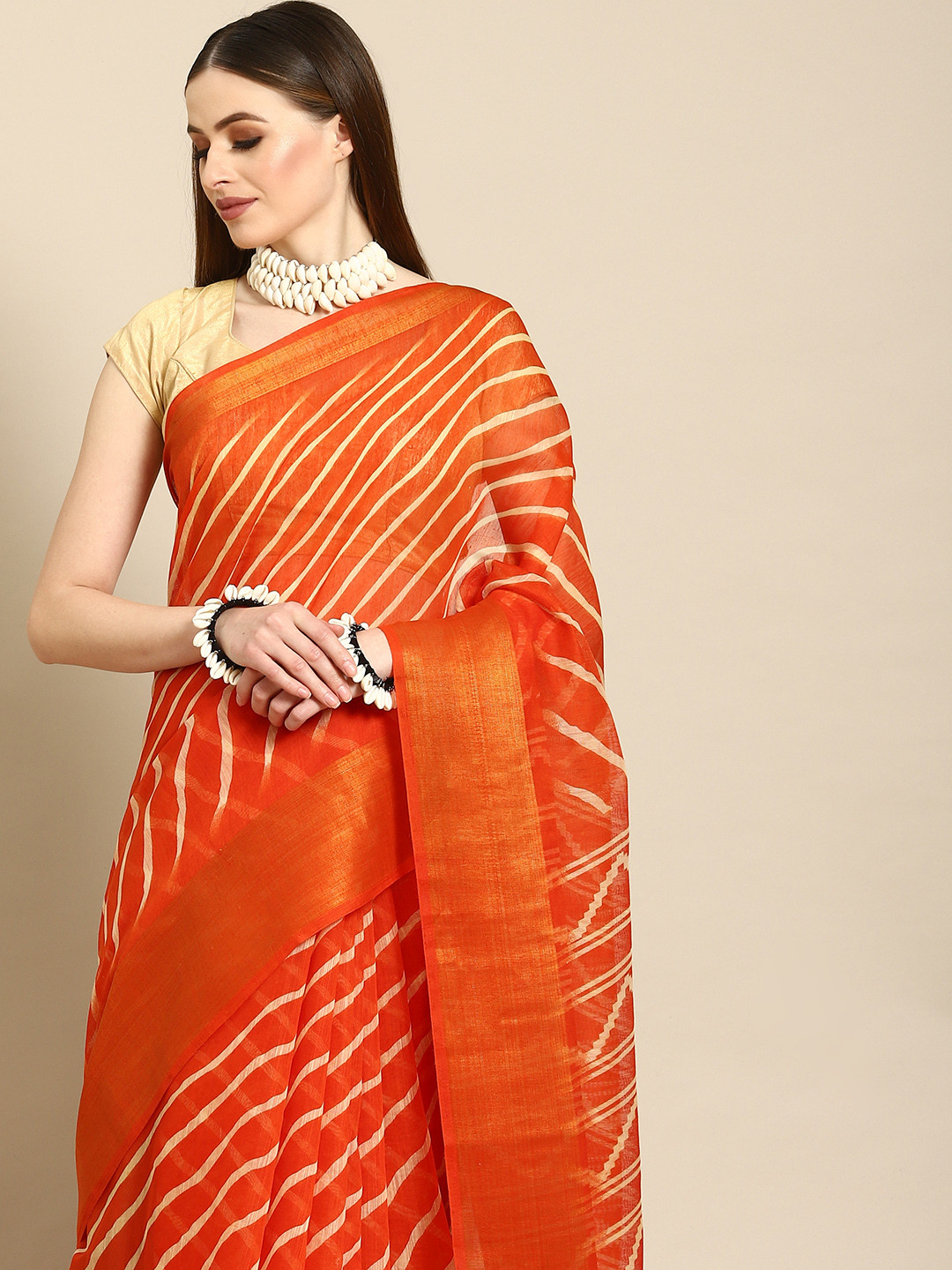 Anouk Orange & Cream-Coloured Leheriya Cotton Blend Saree