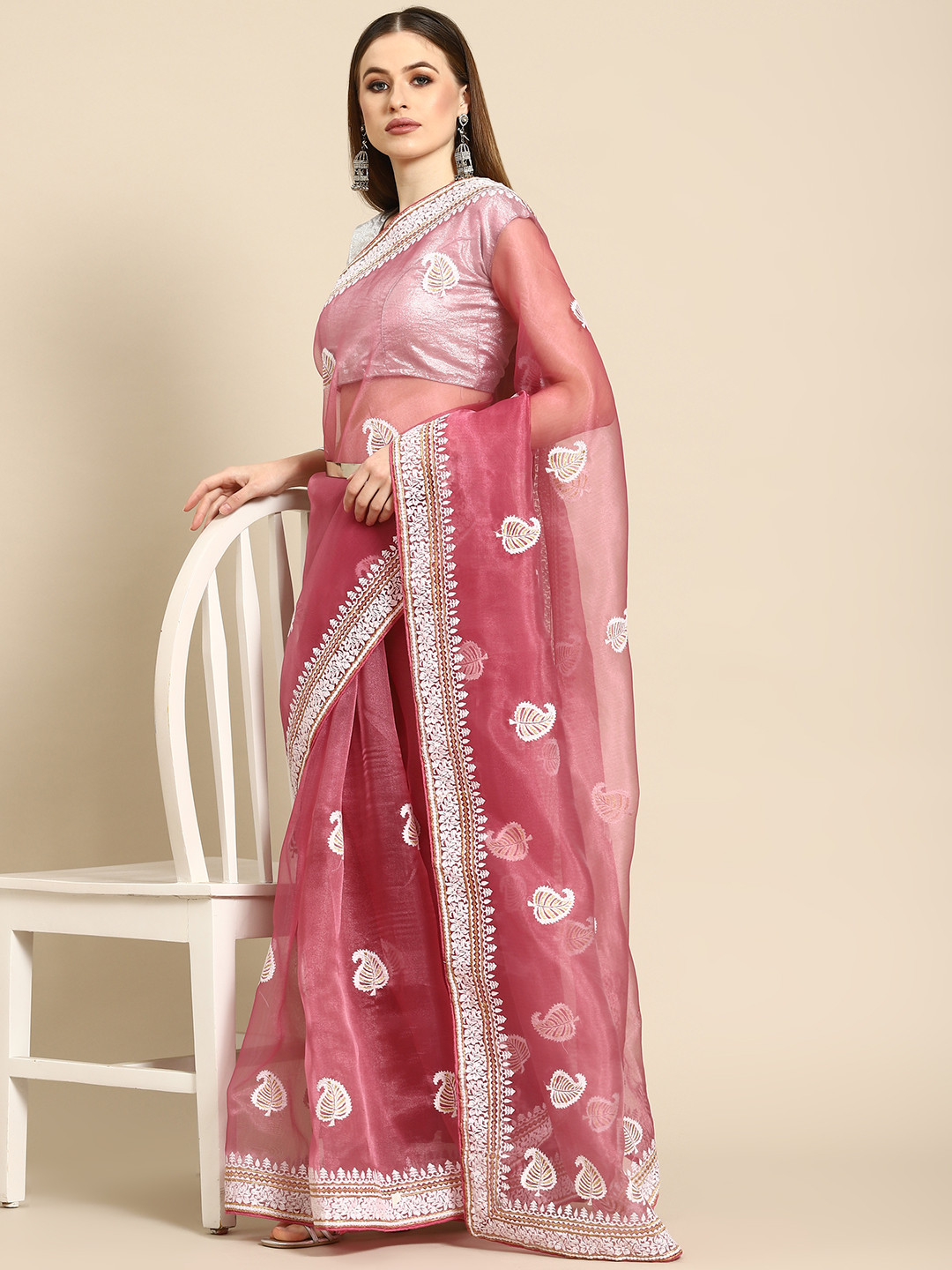Anouk Pink & White Leaves Embroidered Organza Saree