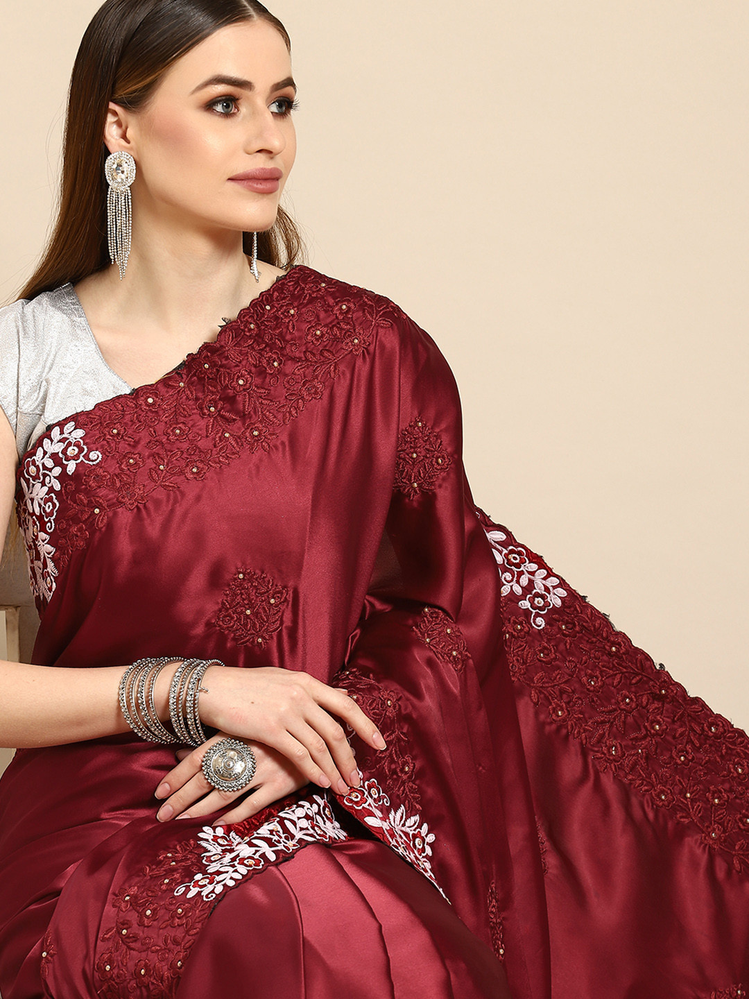 Anouk Maroon Ethnic Motifs Embroidered Satin Saree