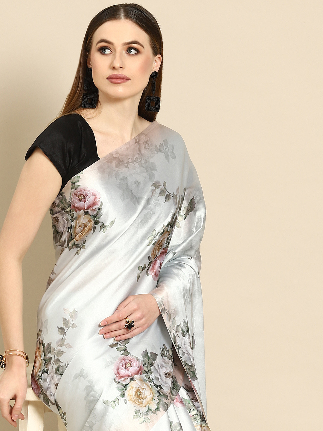 Anouk Sea Green Floral Satin Saree