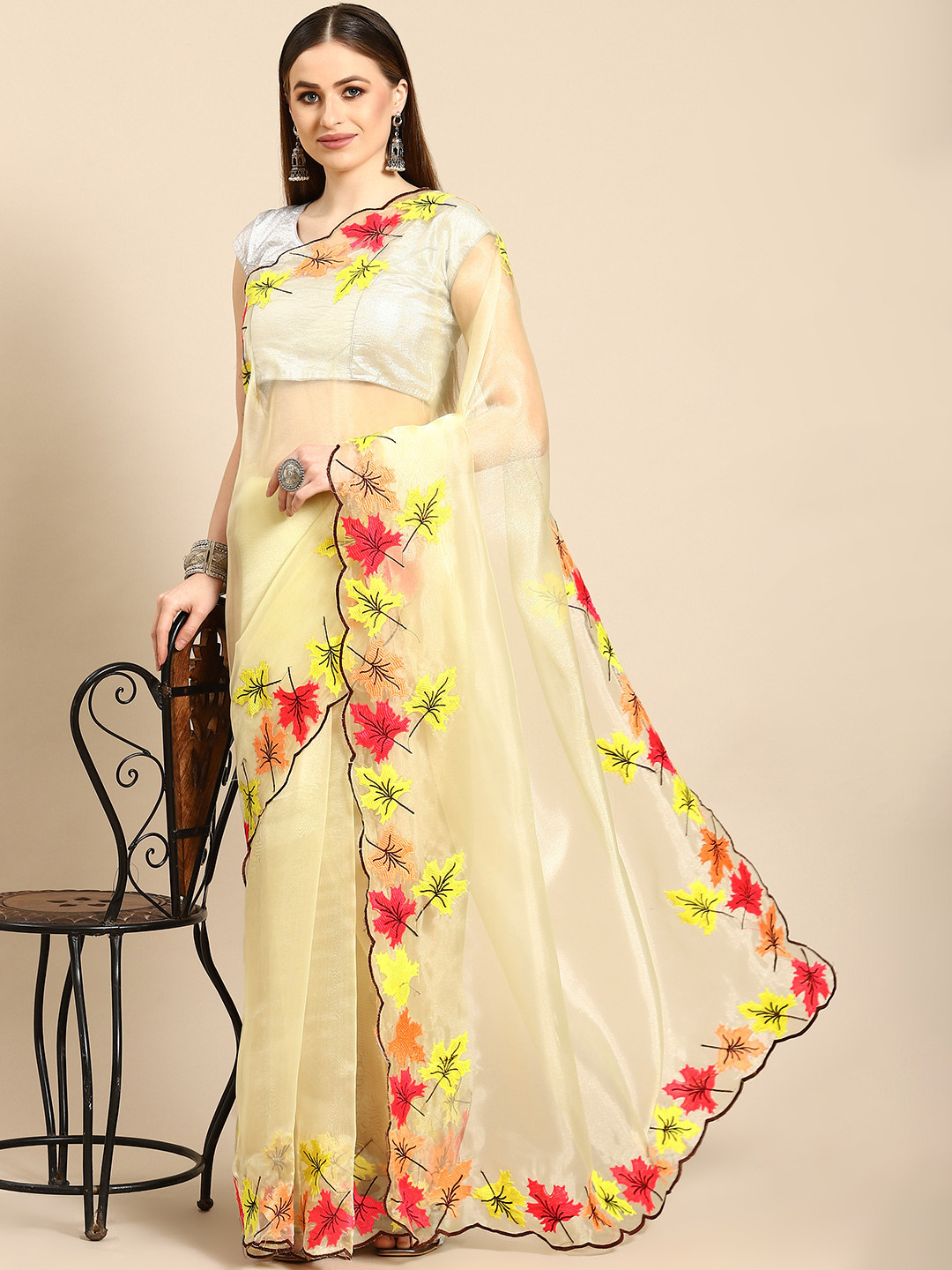 Anouk Yellow & Red Organza Saree with Floral Embroidered Border