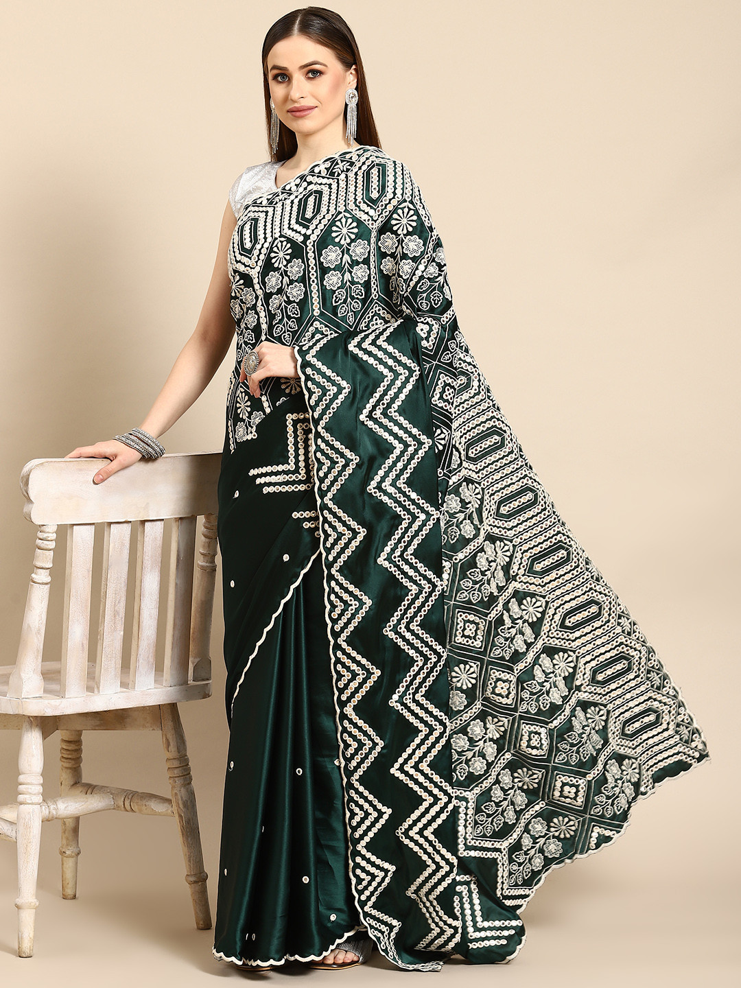 Anouk Green & Gold Ethnic Motifs Mirror Work Satin Celebrity Saree