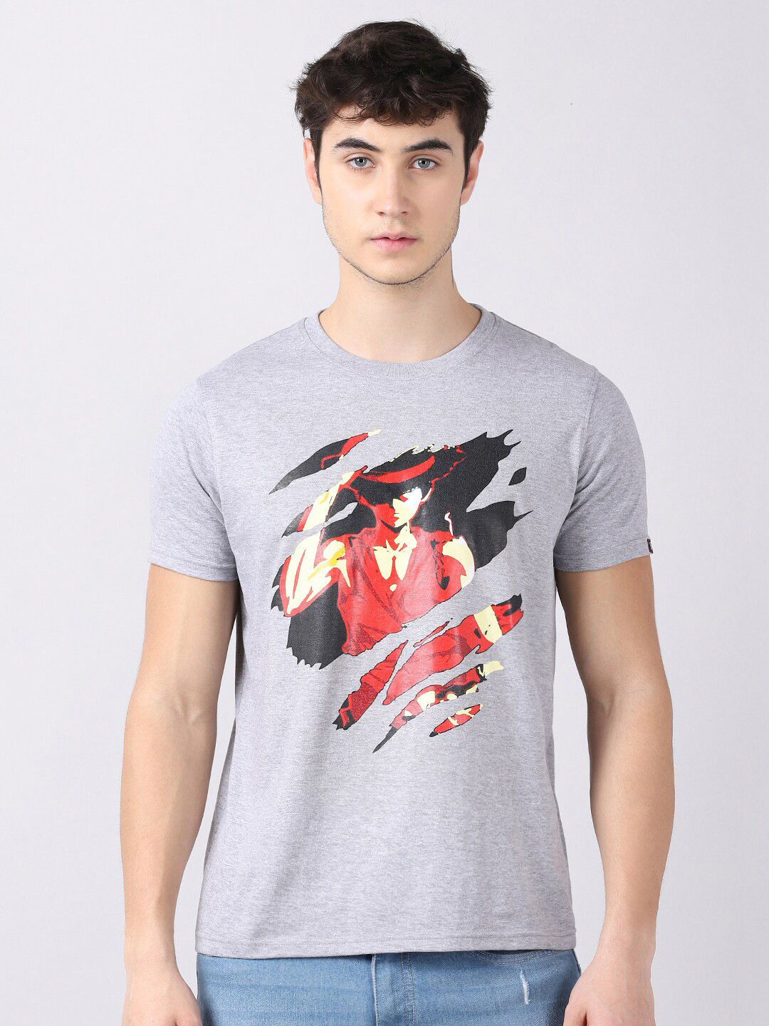 Bushirt Men Grey One Piece Luffy Printed Cotton T-shirt