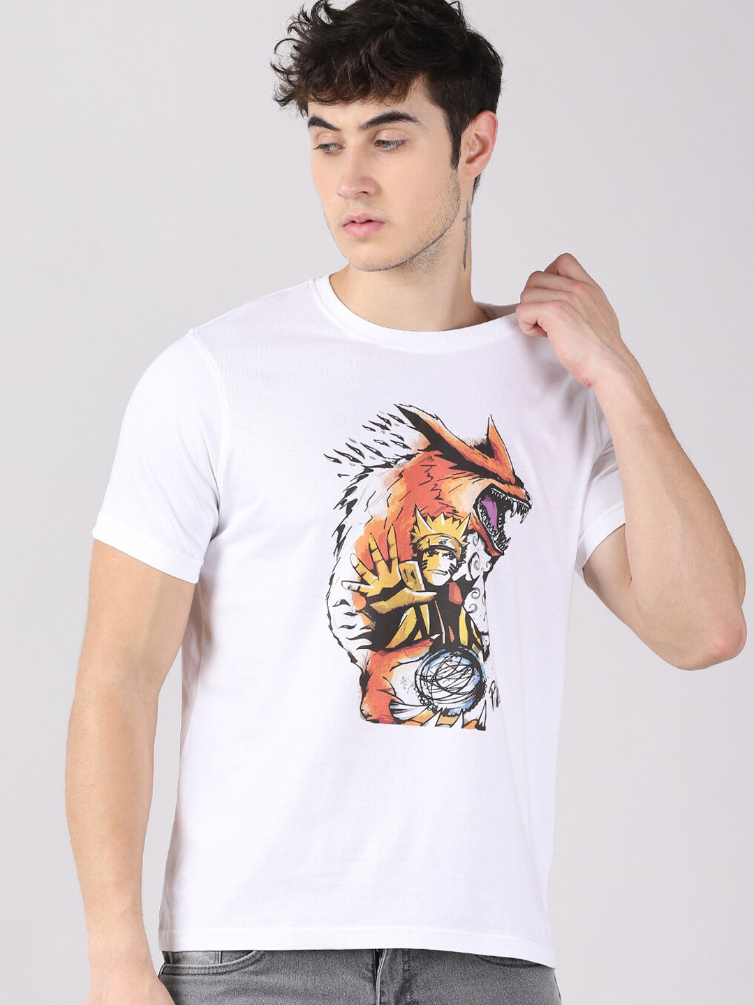 Bushirt Men White Rasengan with Kyubi Printed T-shirt