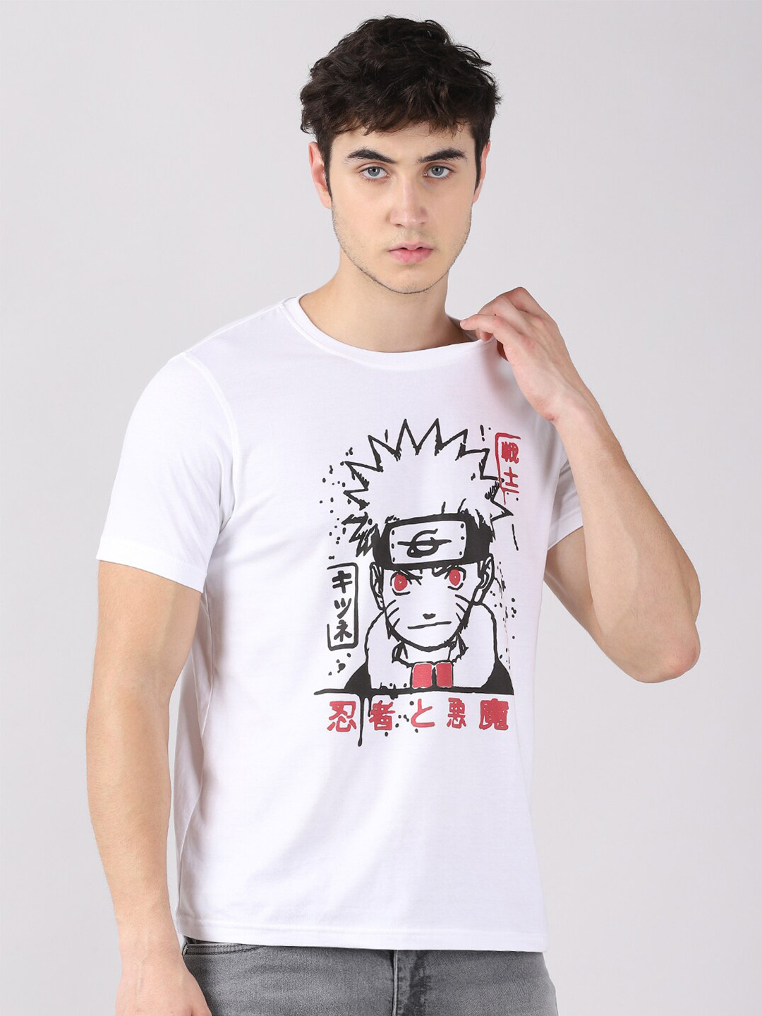 Bushirt Men White Naruto Printed Pure Cotton T-shirt