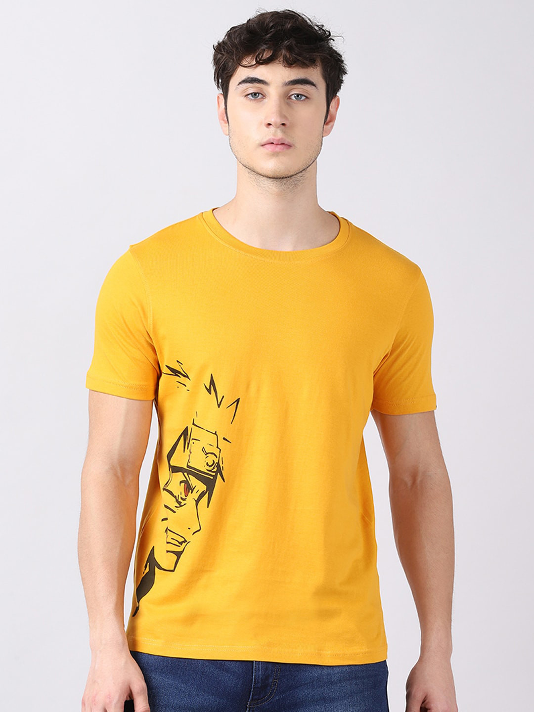 Bushirt Men Mustard Yellow Naruto Uzumaki Shippuden Printed T-shirt