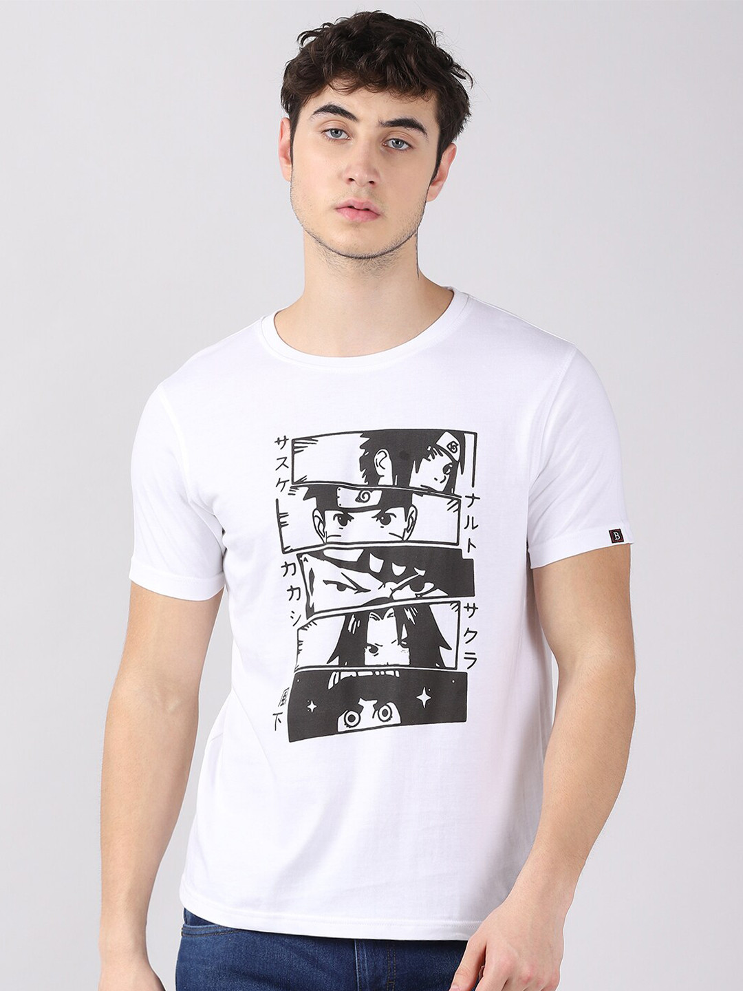 Bushirt Men White Naruto Printed Pure Cotton T-shirt