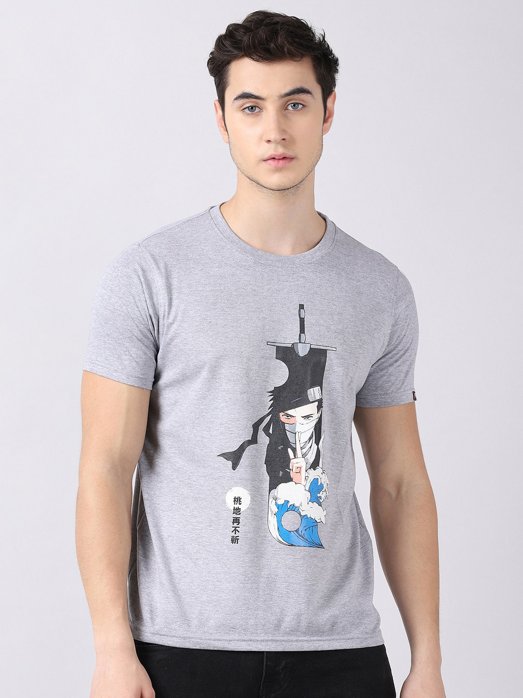 Bushirt Men Grey Naruto Printed Pure Cotton T-shirt