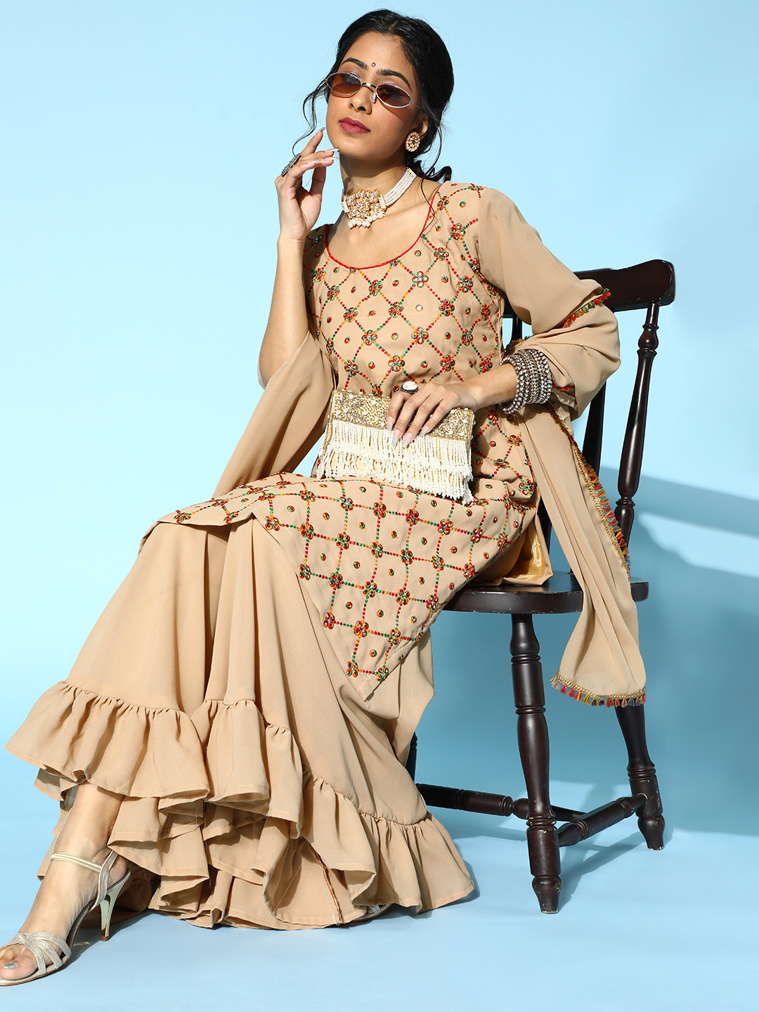 Chhabra 555 Women Tan Embroidered Mirror Work Kurta with Sharara & With Dupatta