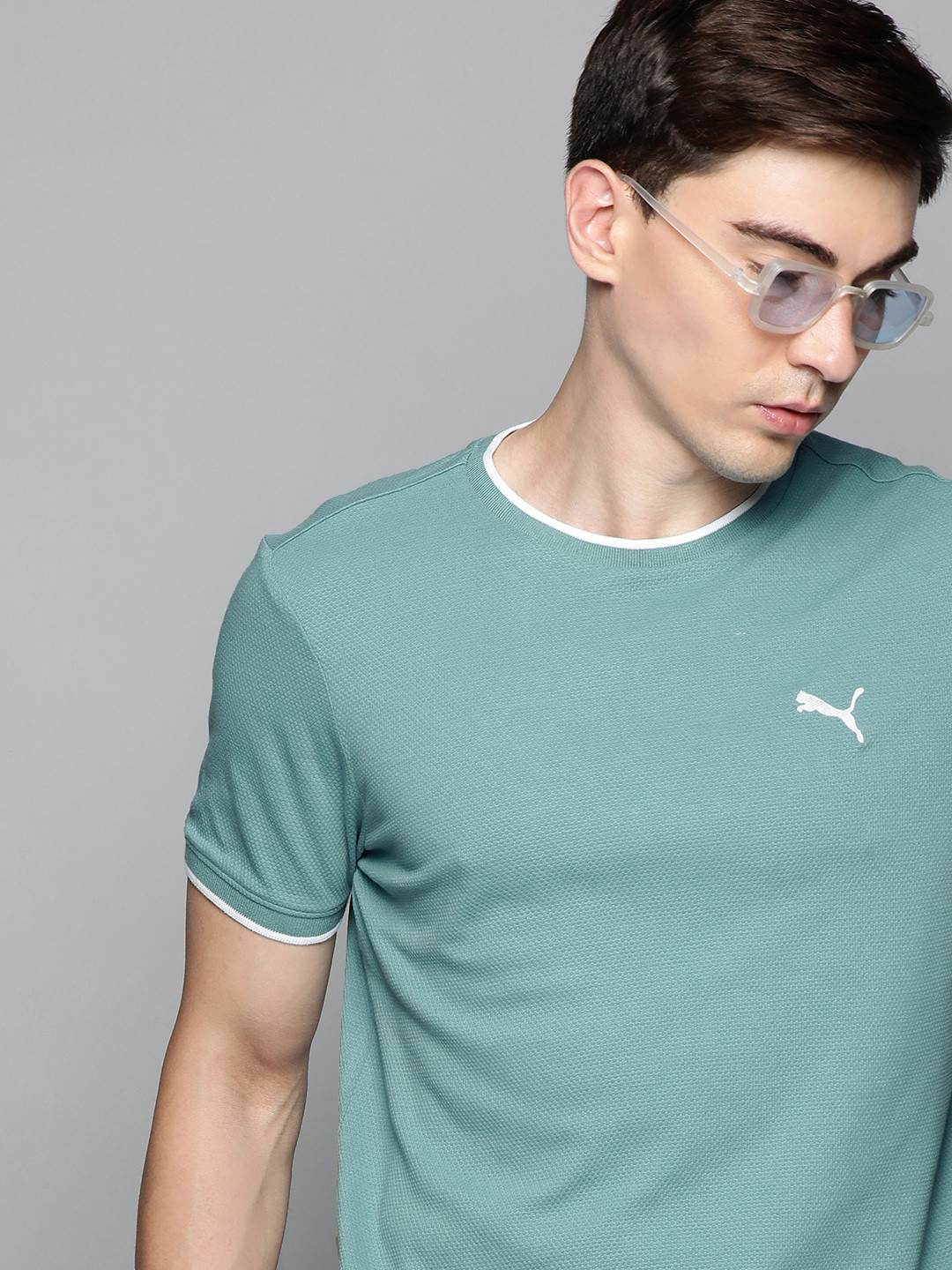 Puma Men Turquoise Blue Stylized Jacquard Pure Cotton T-shirt