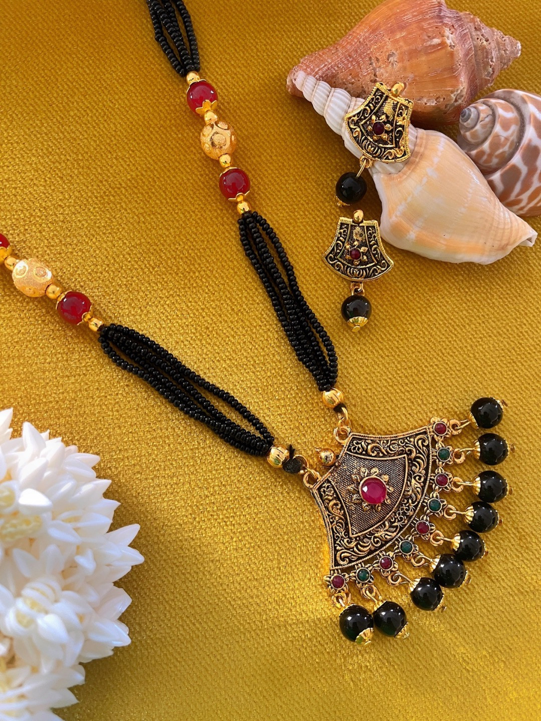Digital Dress Room Gold-Plated & Black Mangalsutra With Earrings