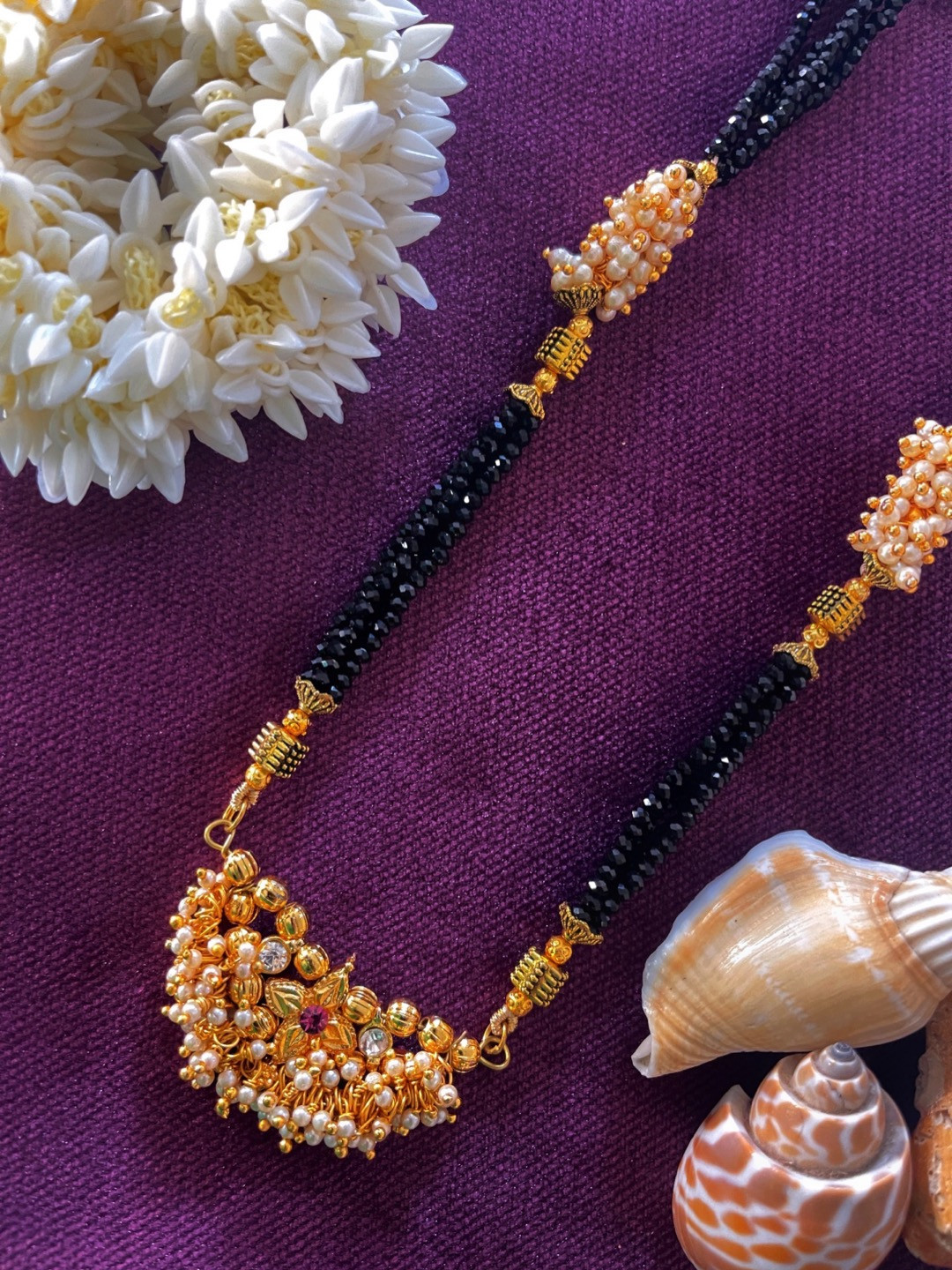 Digital Dress Room Gold-Plated Pink & Black Beaded Moti Pearls Crystal Short Mangalsutra