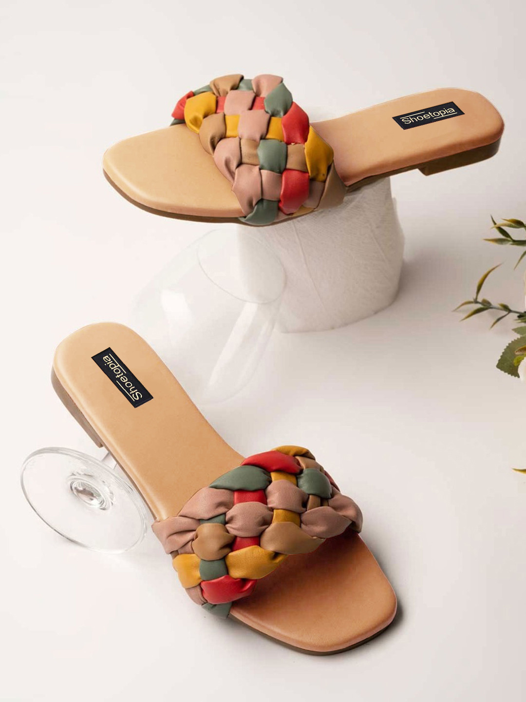 Shoetopia Women Tan Brown & Yellow Textured Open Toe Flats