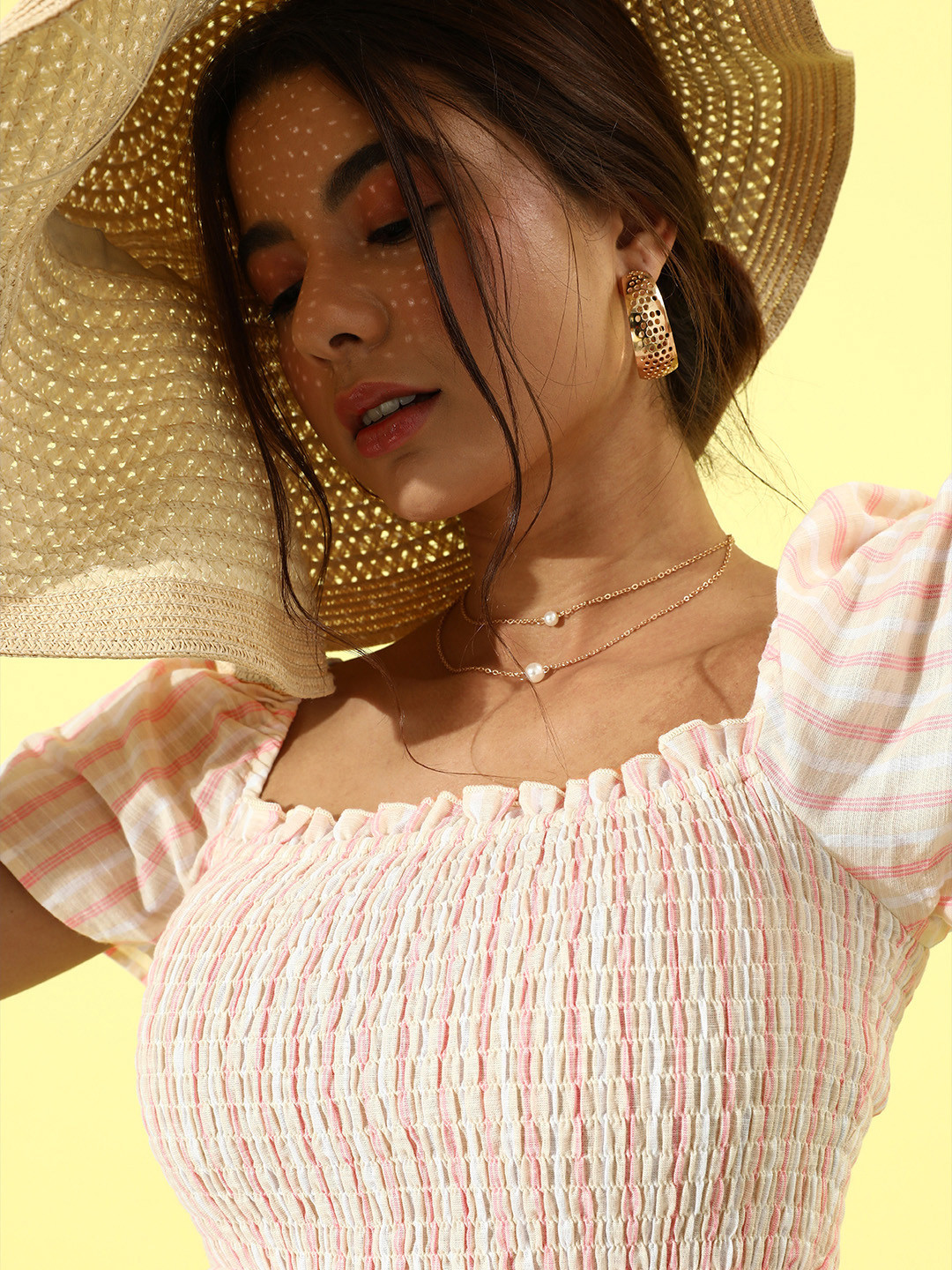 EVERYDAY by ANI Women Classy Beige Self-Design Smocked Top