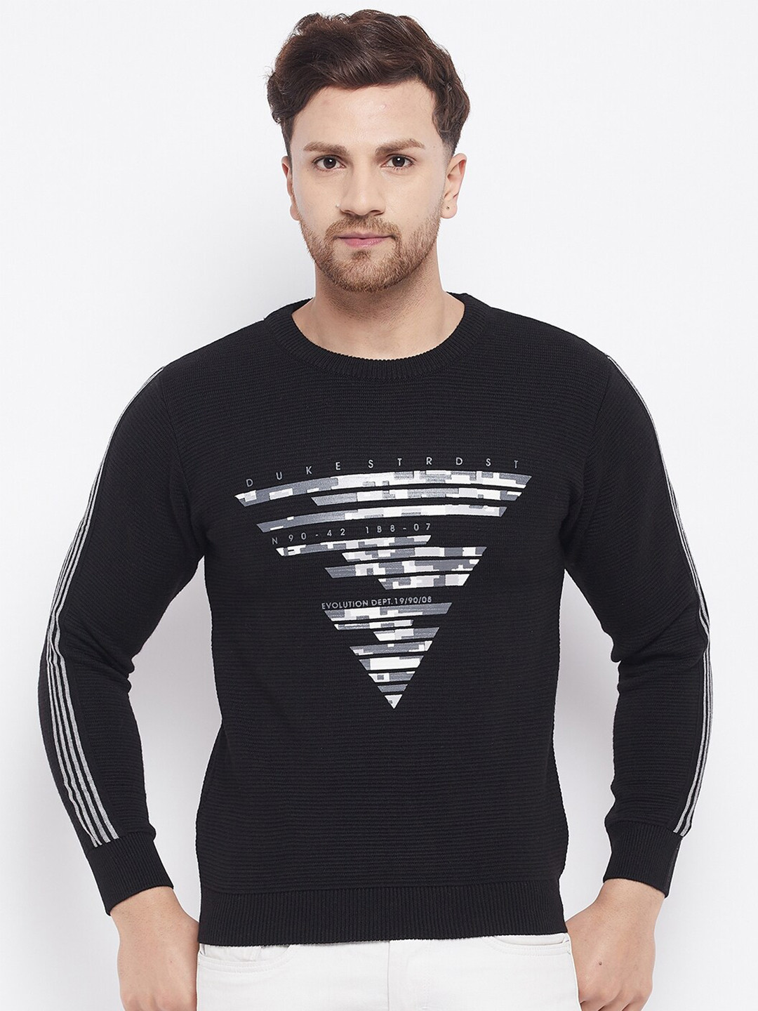 Duke Men Black Geometric Printed Wool Pullover