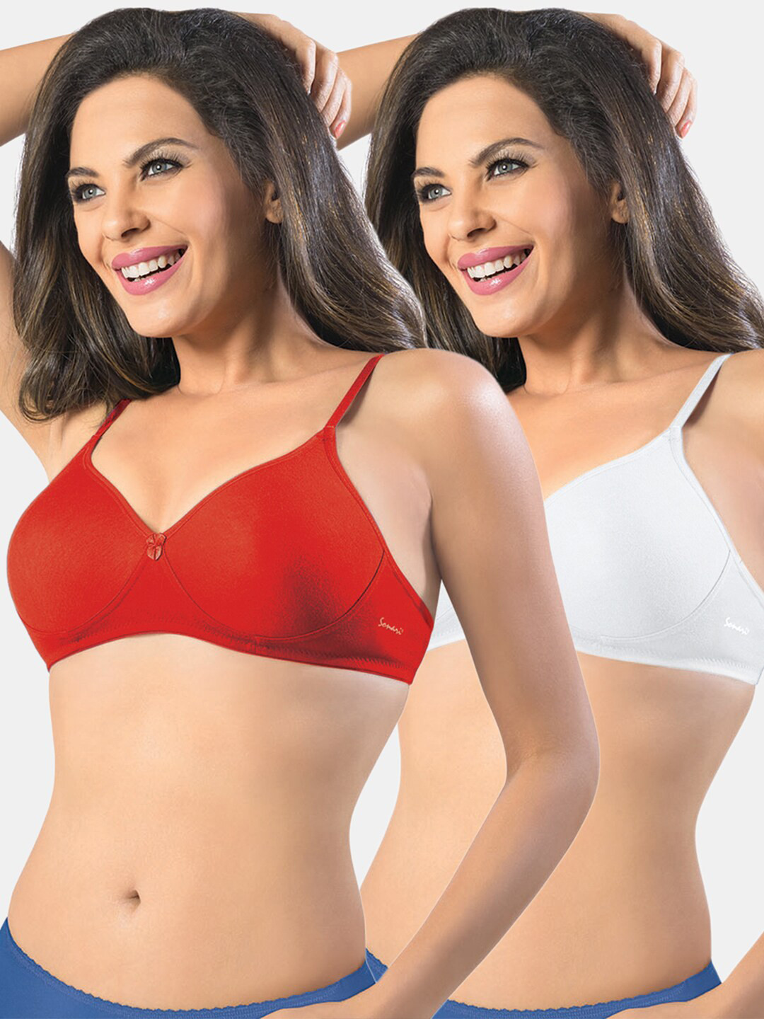 Sonari Pack Of 2 Red & White Non-Padded No-Wired T Shirt Bra
