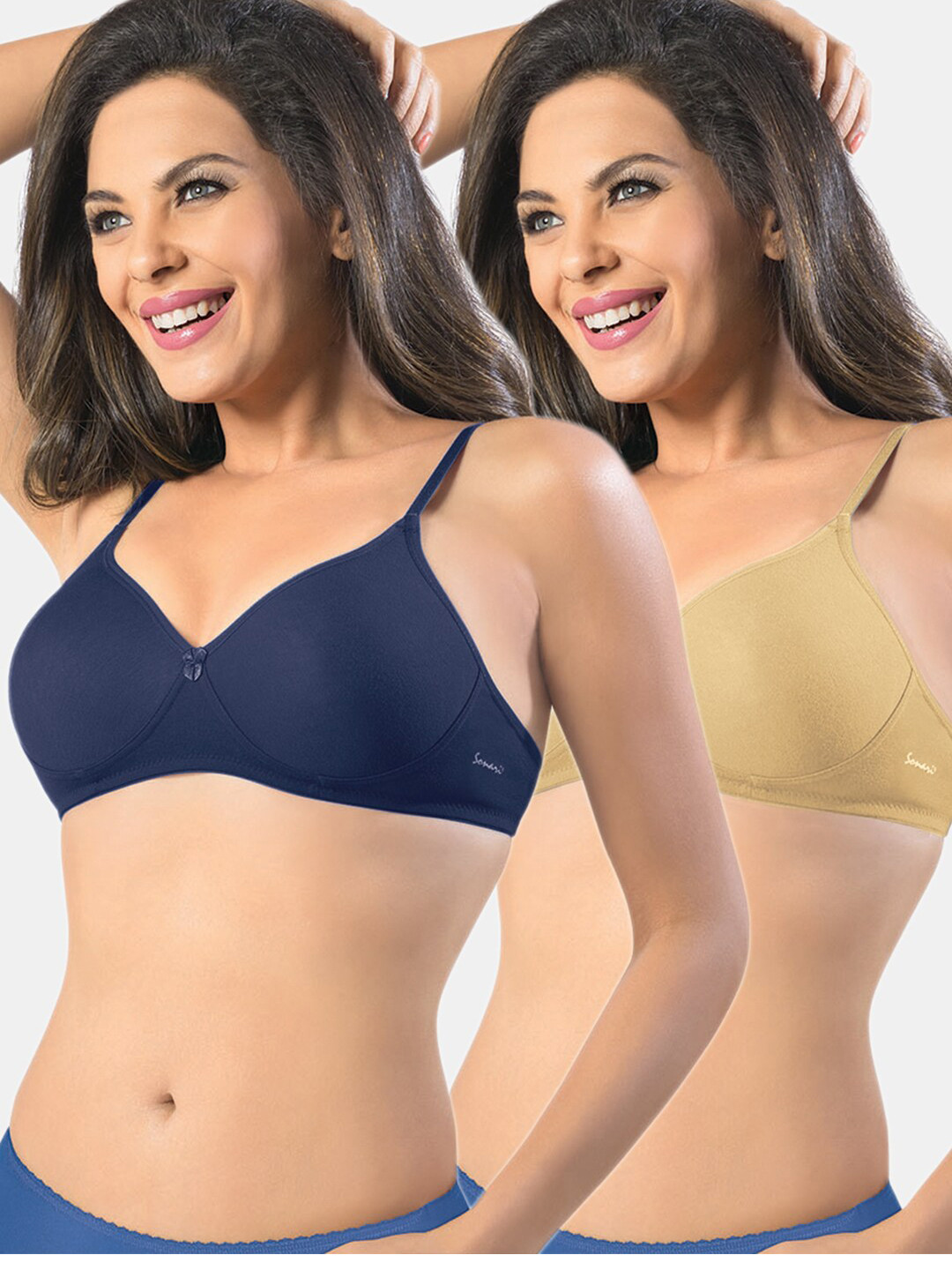 Sonari Pack Of 2 Navy Blue & Nude-Coloured T-Shirt Bra