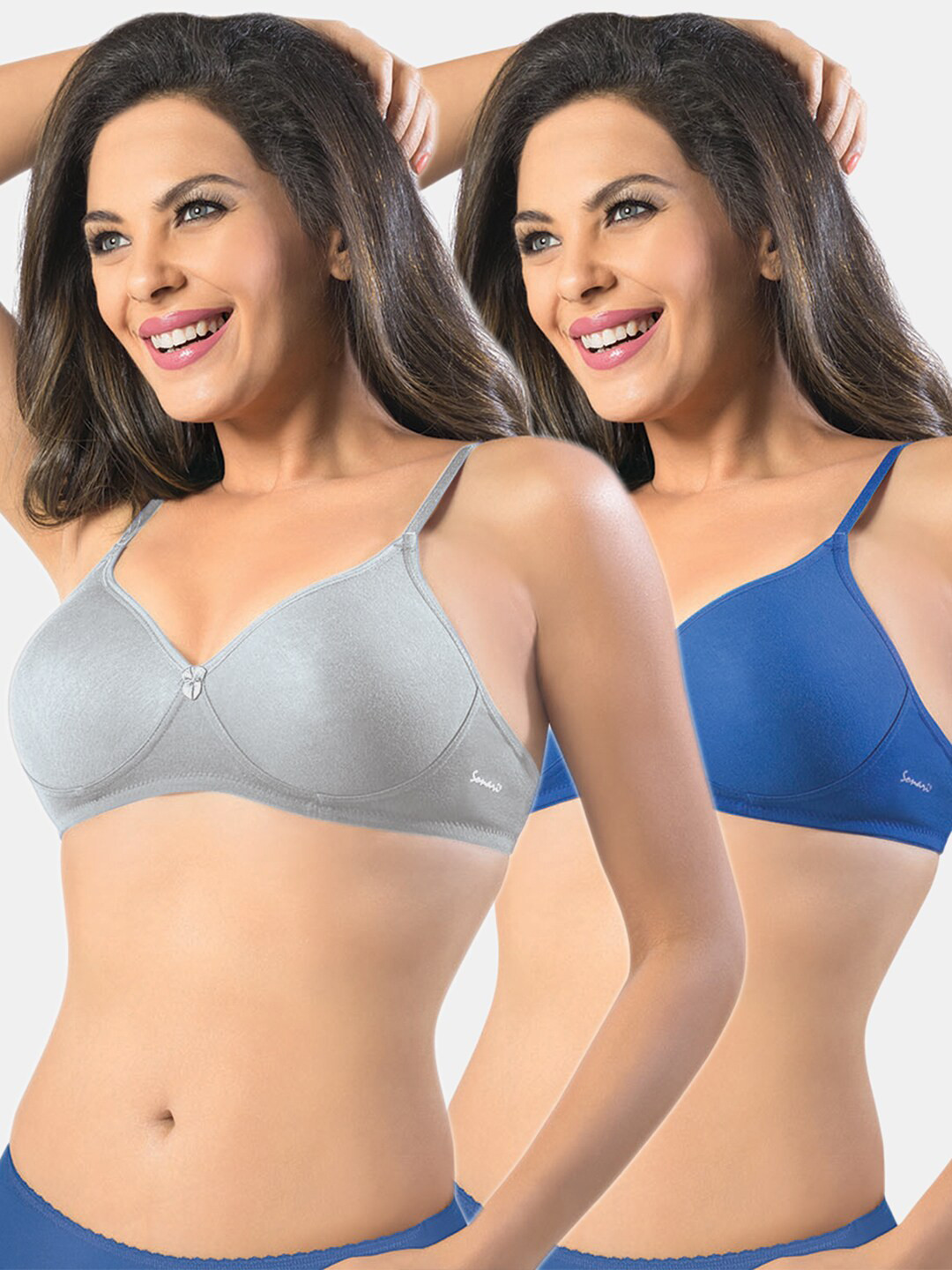 Sonari Pack Of 2 Grey & Blue Non-Padded No-Wired T Shirt Bra