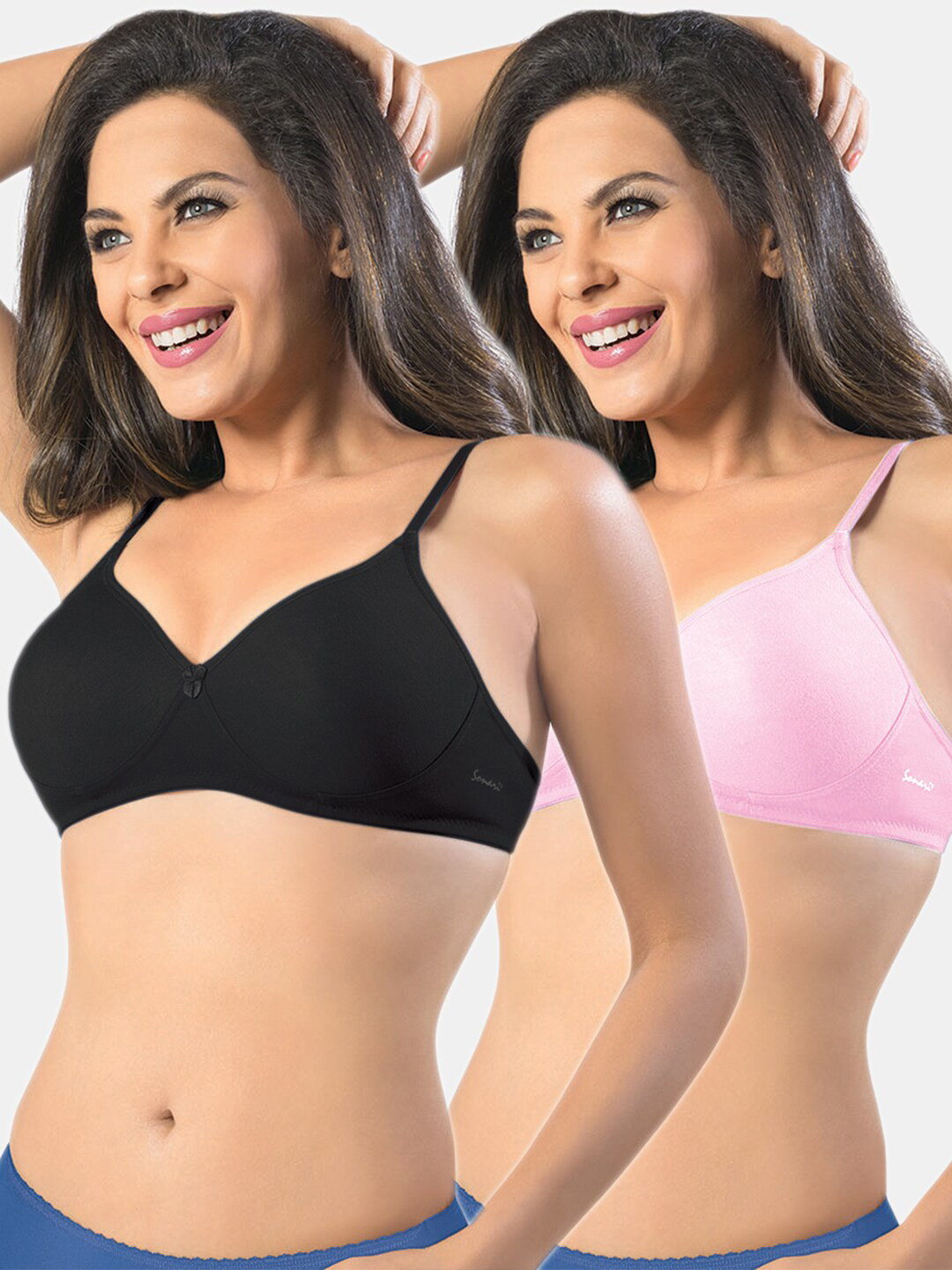 Sonari Pack Of 2 Pink & Black All Day Comfort Non Padded Non Wired Seamless T Shirt Bra