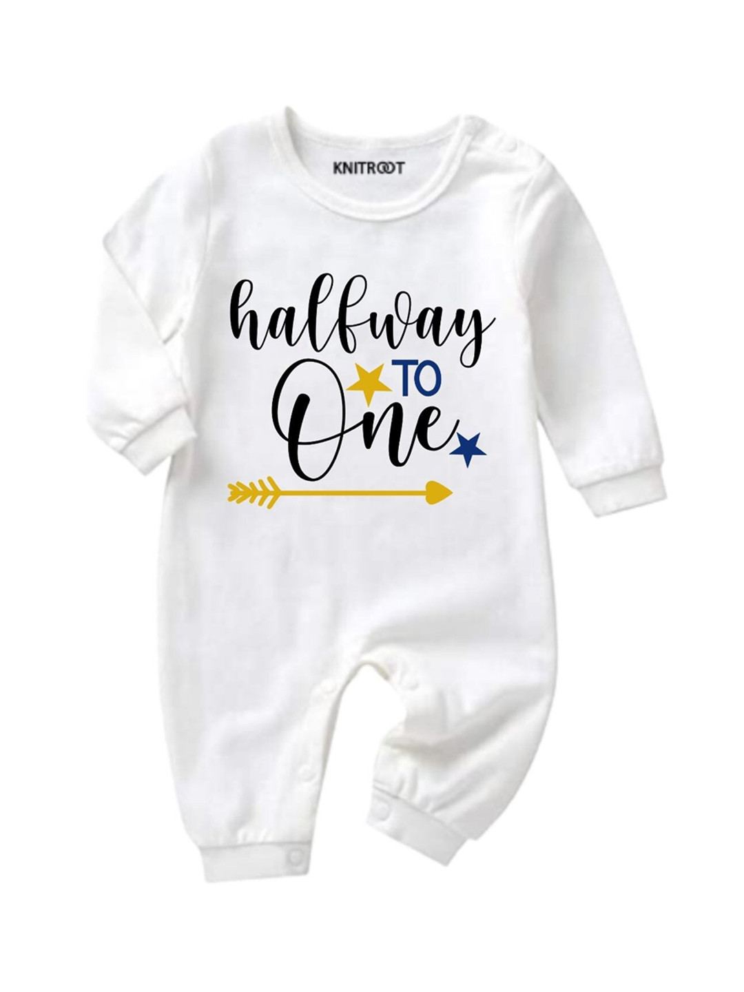 KNITROOT Infant Kids White & Black Half Way To One Printed Bodysuit