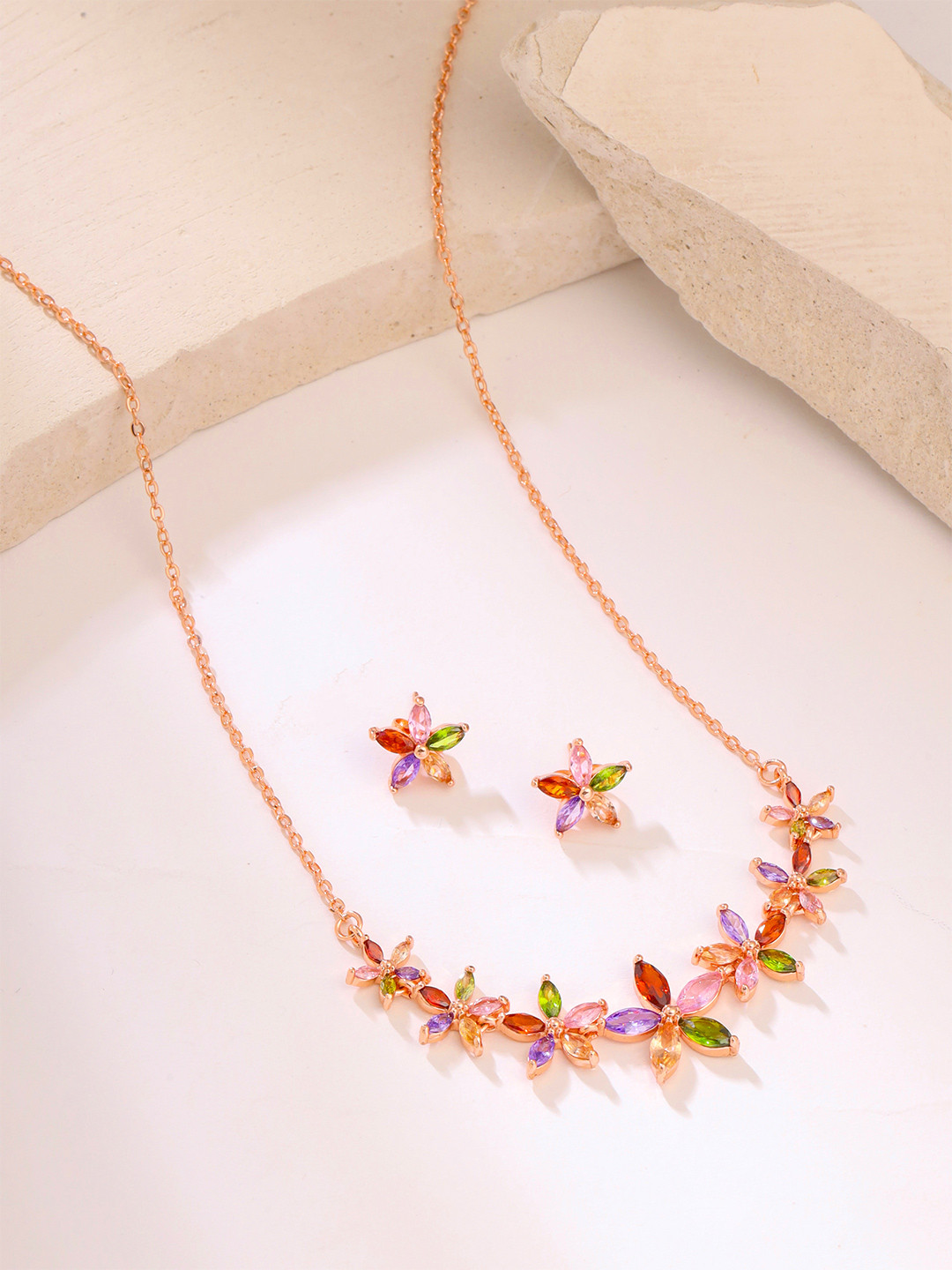 Yellow Chimes Rose Gold-Plated Pink & Green CZ-Studded Jewellery Set