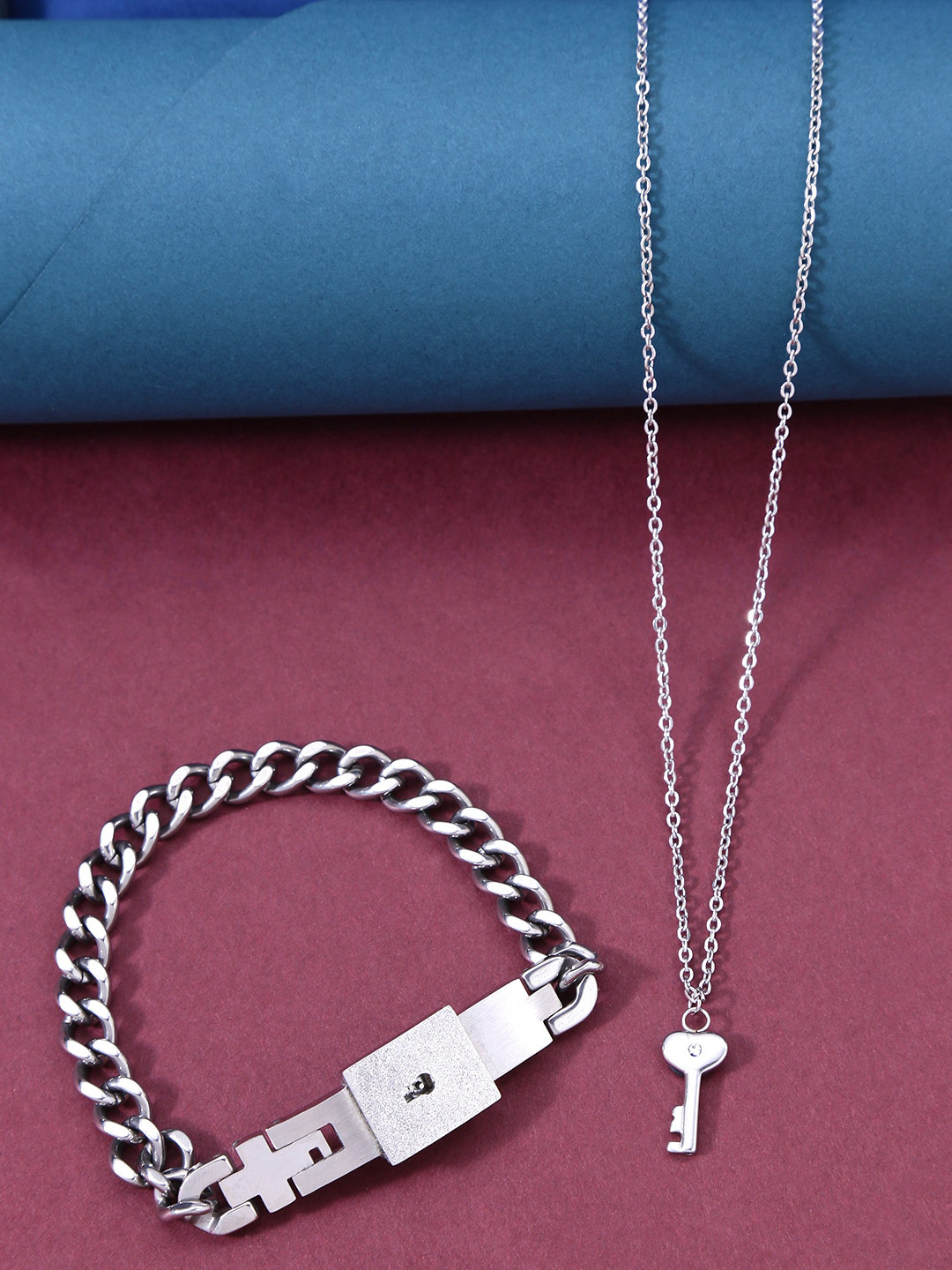 Yellow Chimes Silver-Toned Engraved Lock & Key Stainless Steel Pendant With Bracelet