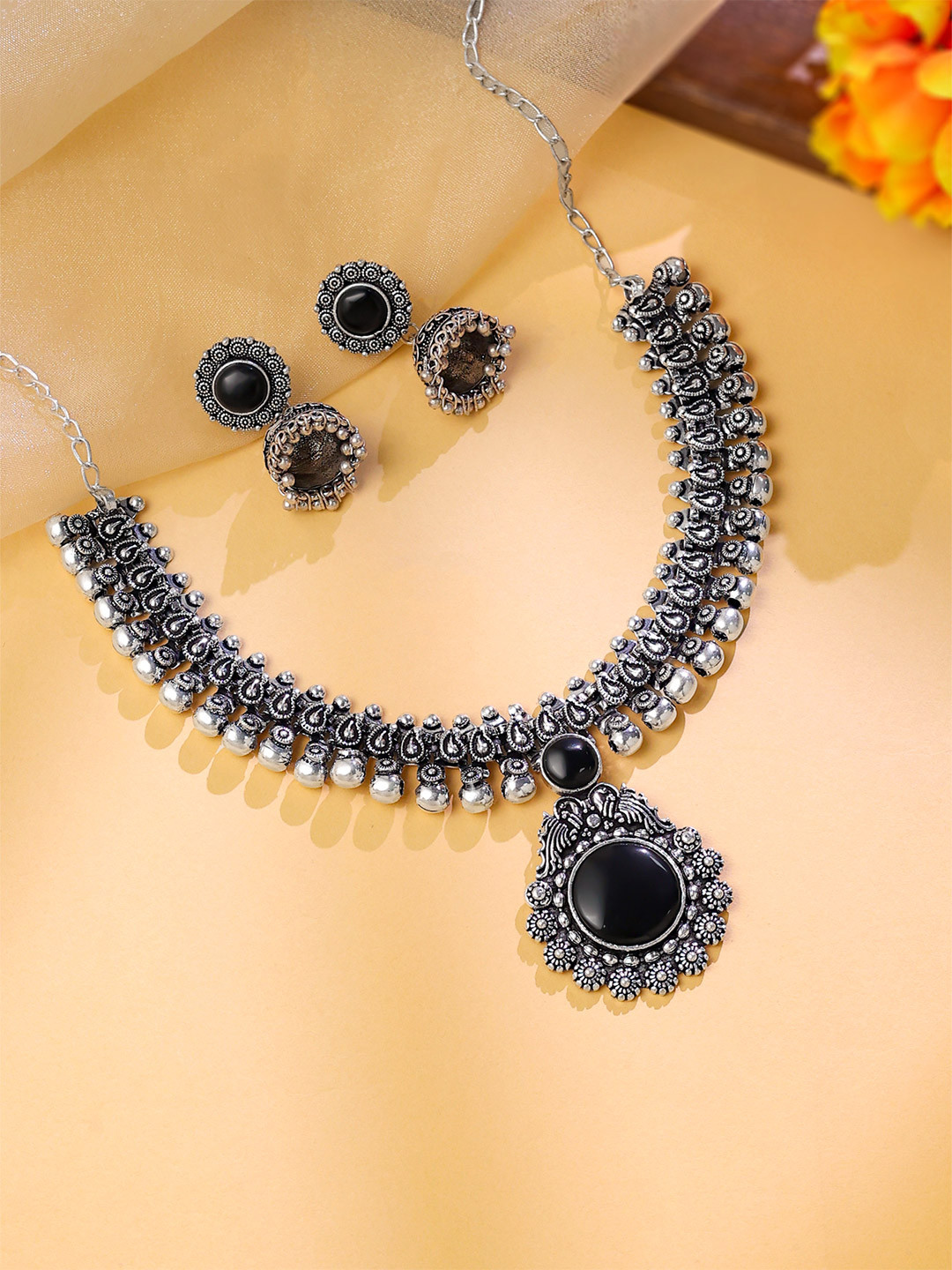 Yellow Chimes Oxidised Silver-Plated & Black Stone-Studded Kolhapuri Jewellery Set