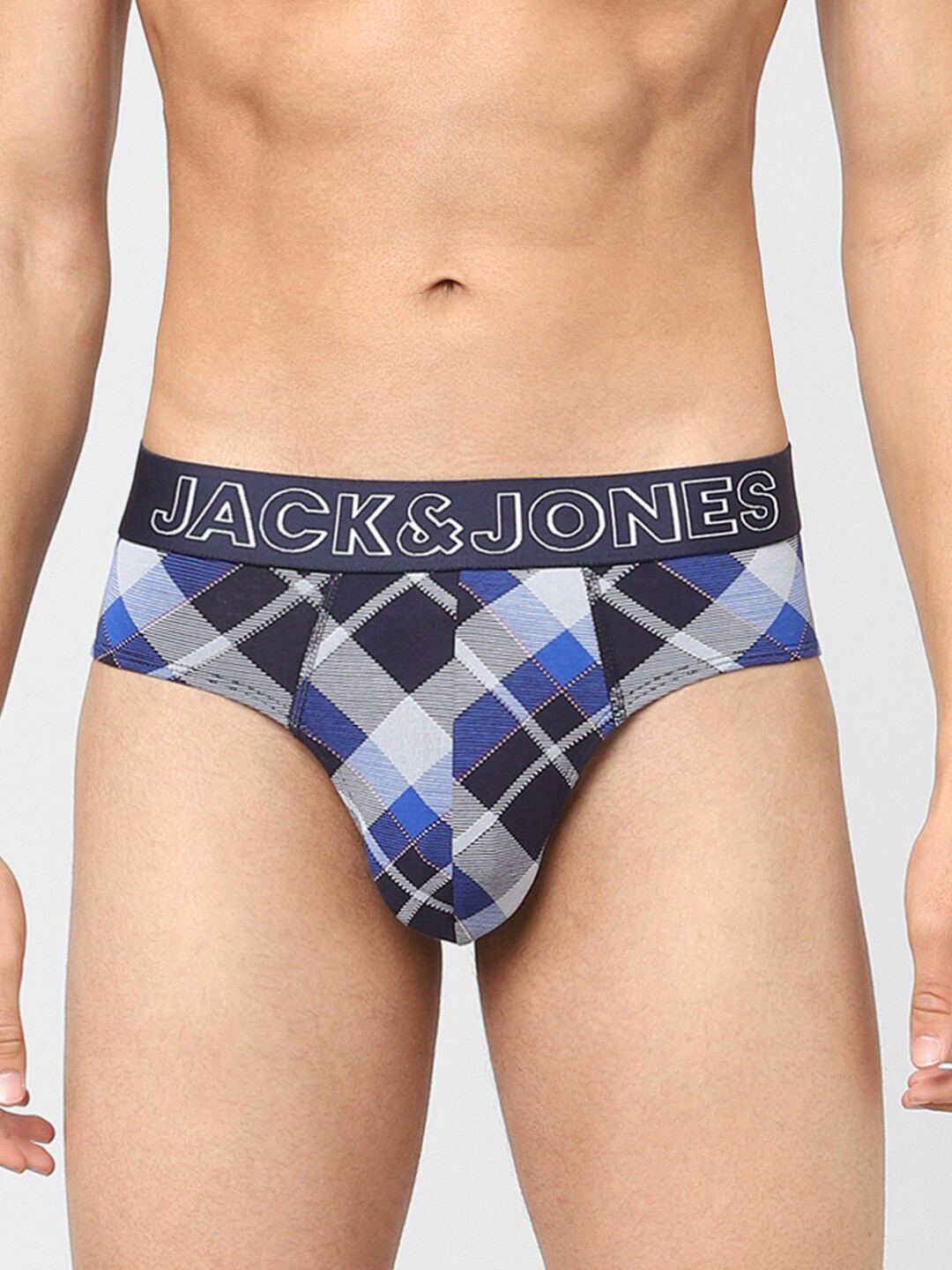 Jack & Jones Men Blue & Off-White Checked Cotton Basic Briefs 116795201