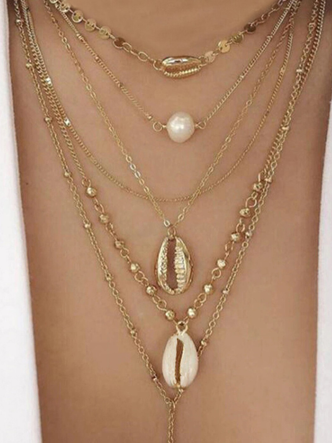 OOMPH Gold-Toned & White Layered  Sea Shell Charms Link Chain Necklace