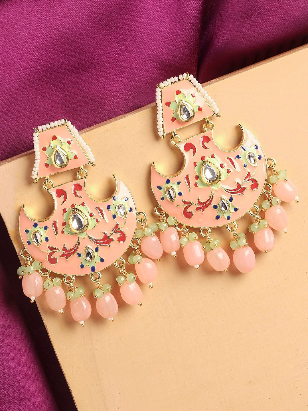 OOMPH Pink & Green Enamel with Kundan & Pearls Crescent Shaped Chandbalis Earrings