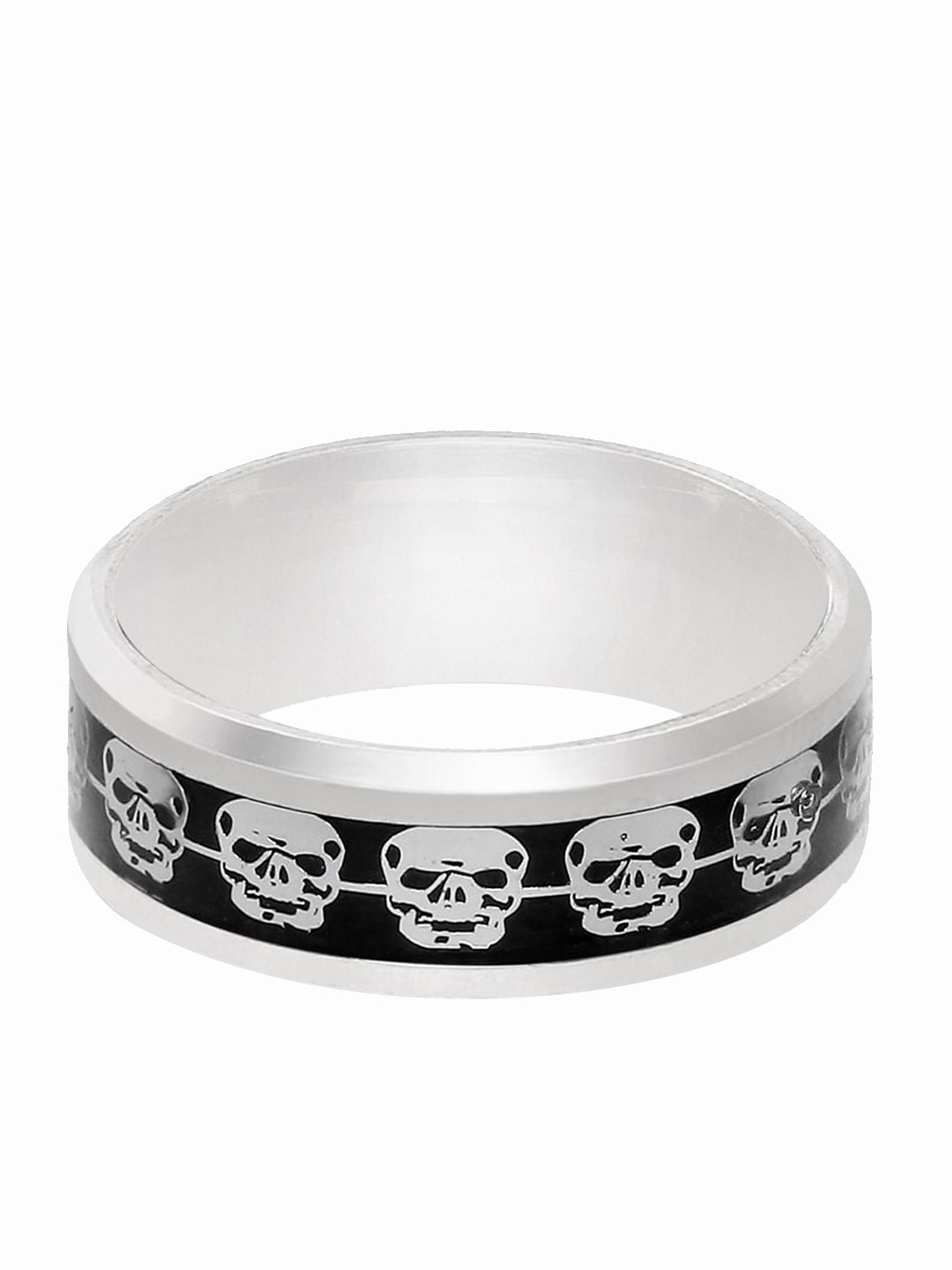 OOMPH Men Silver-Toned & Black Titanium Puck Skull Broad Band Finger Ring