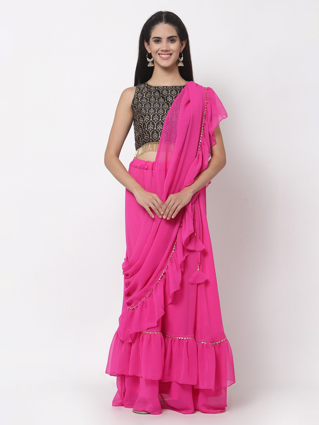 studio rasa Women Pink Georgette Tiered Skirt with Attached Dupatta
