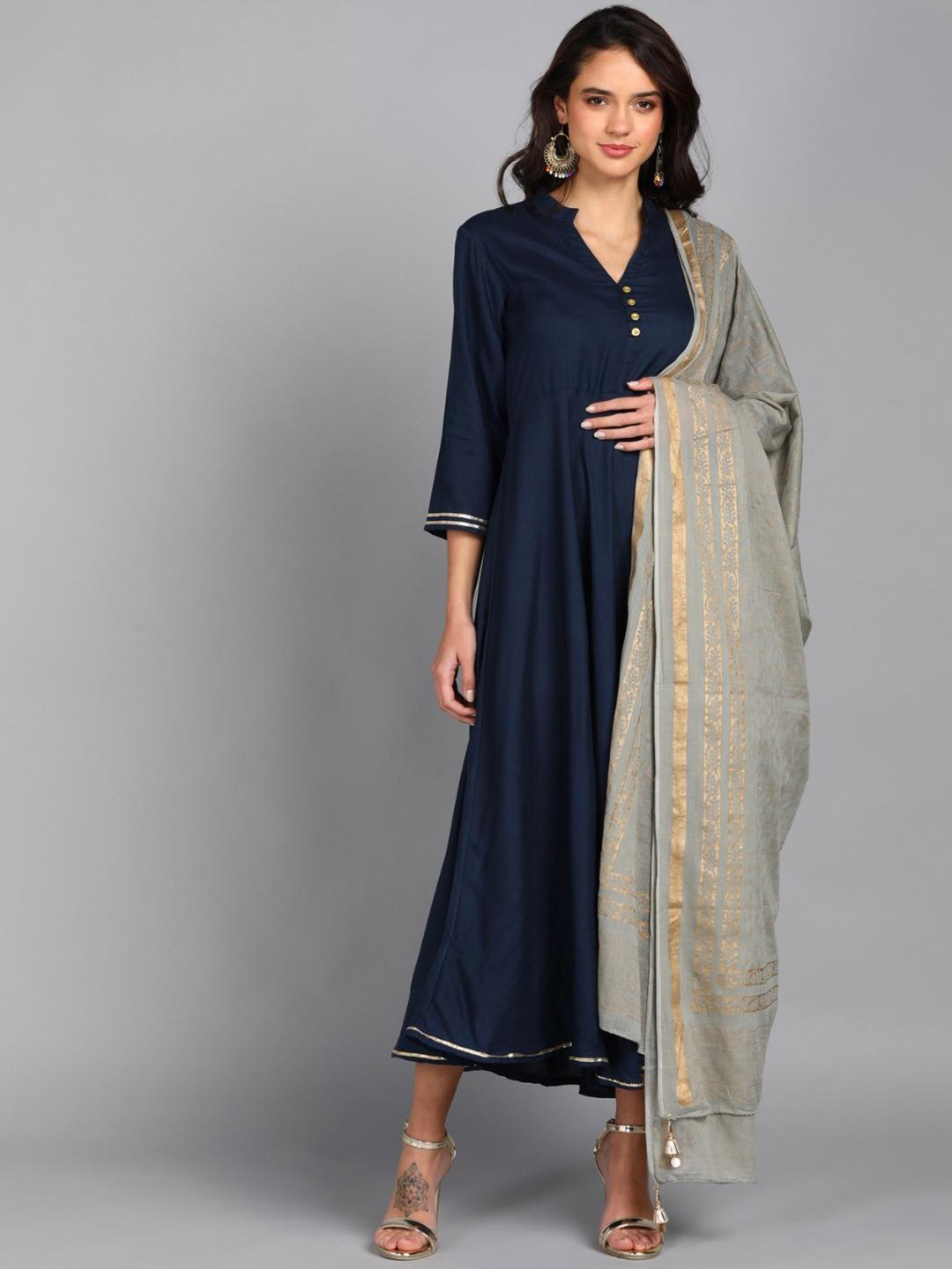 VEDANA Navy Blue Ethnic Maxi Dress