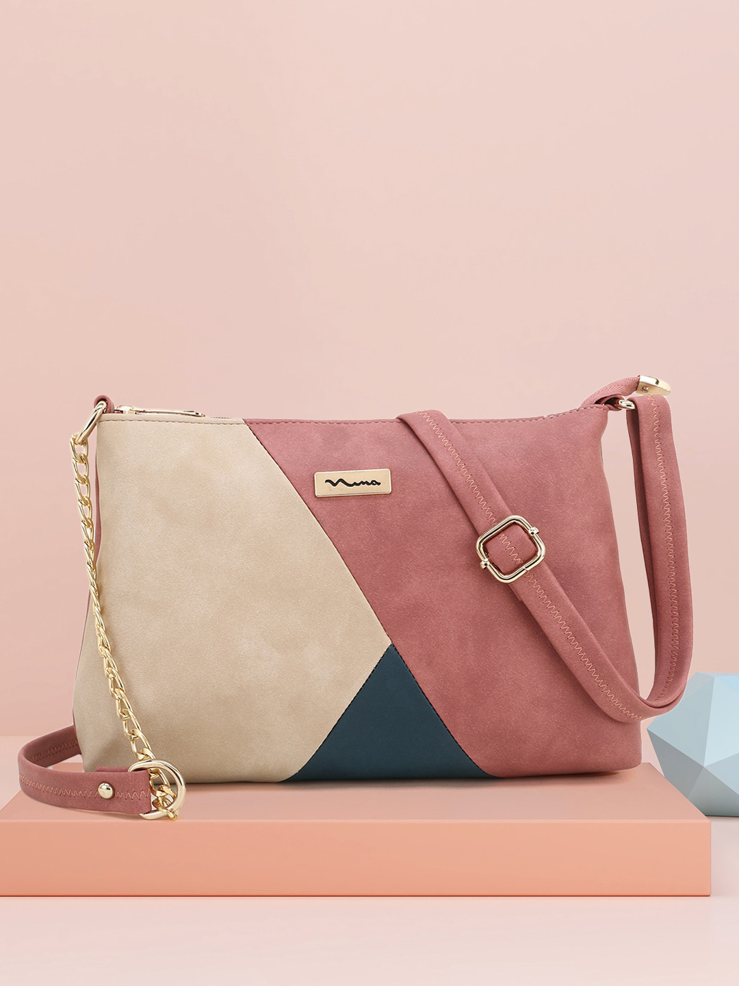 SHINING STAR Peach-Coloured Colourblocked PU Structured Sling Bag
