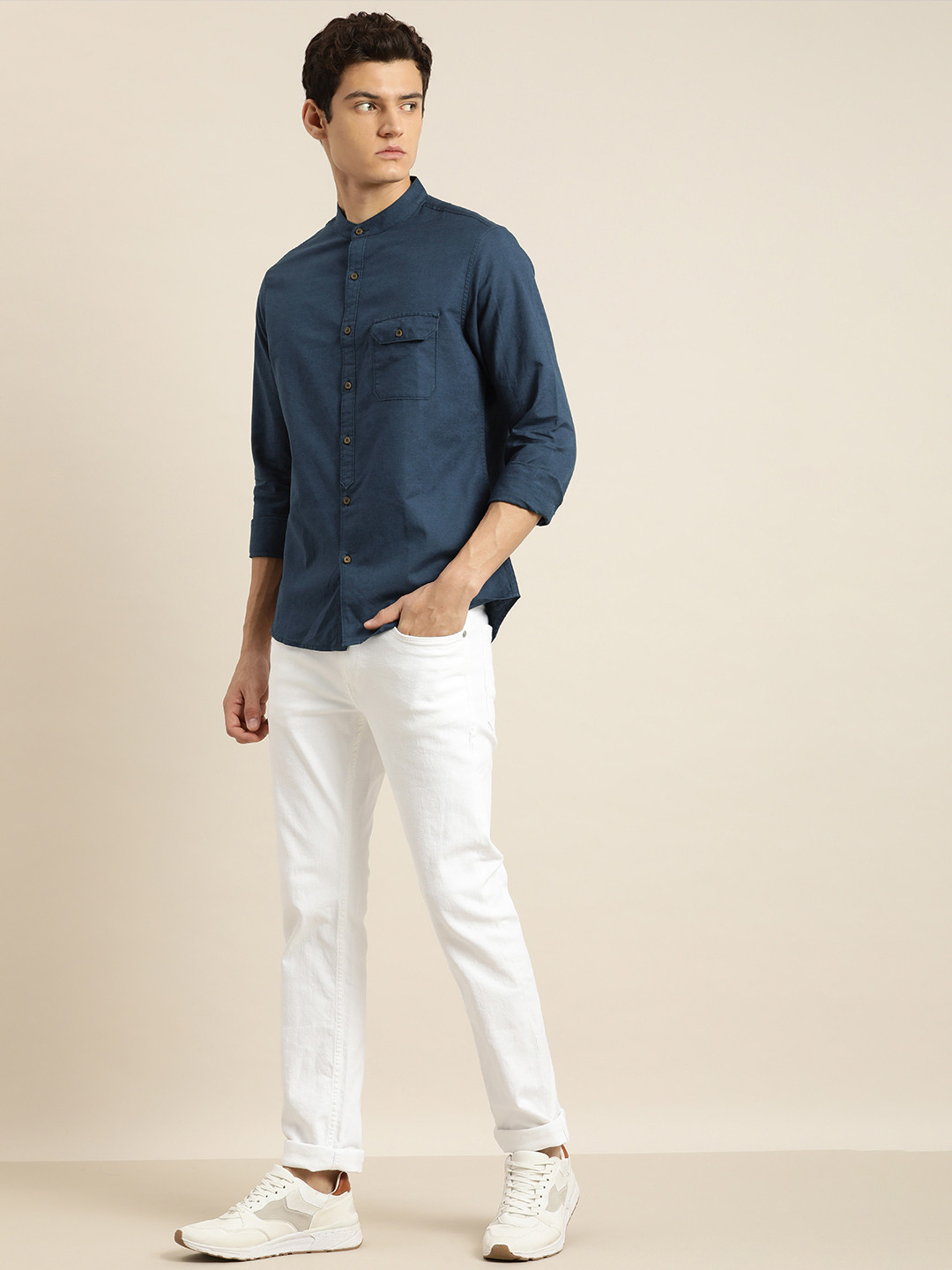 ether Men Navy Blue Band Collar Casual Shirt