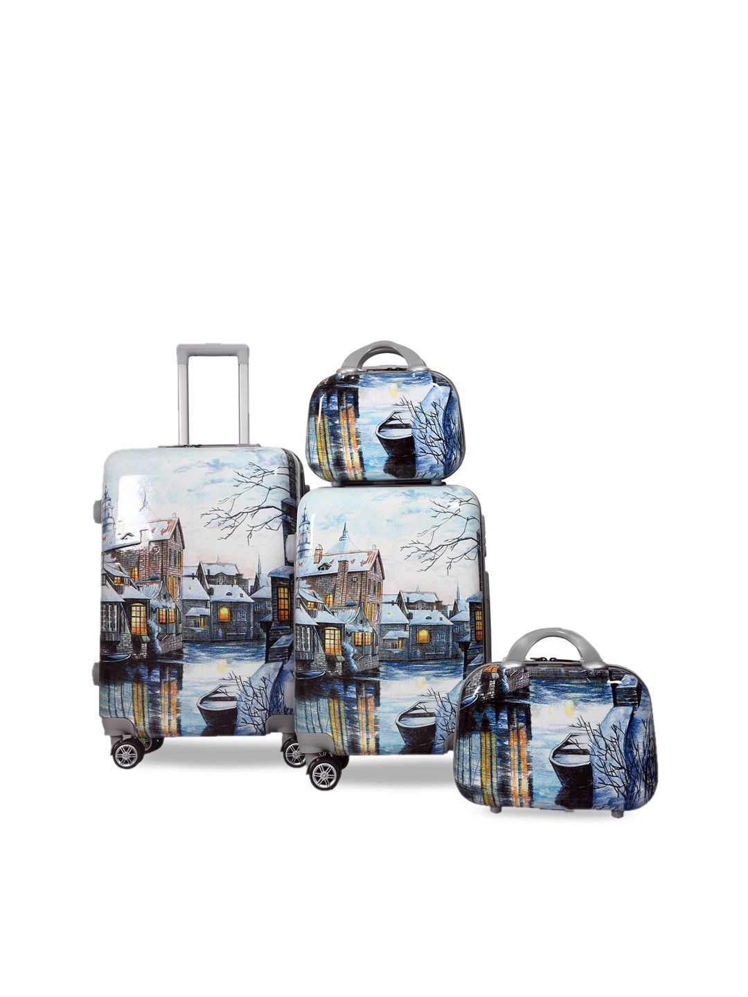 Polo Class Set Of 4 White & Blue Printed Trolley & Vanity Bags