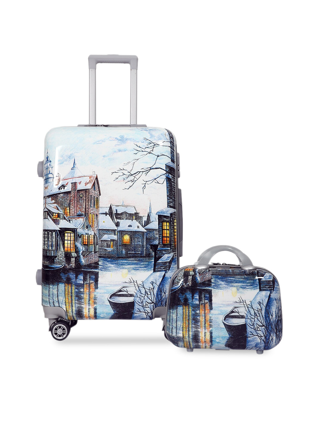 Polo Class Set Of 2 Blue & White Printed Trolley Bag With Vanity Bag