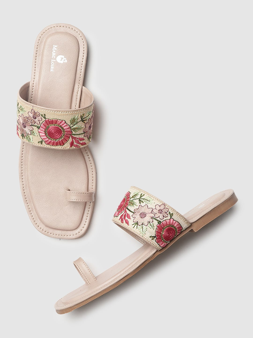 Marc Loire Women Cream-Coloured Embroidered Leather Ethnic One Toe Flats