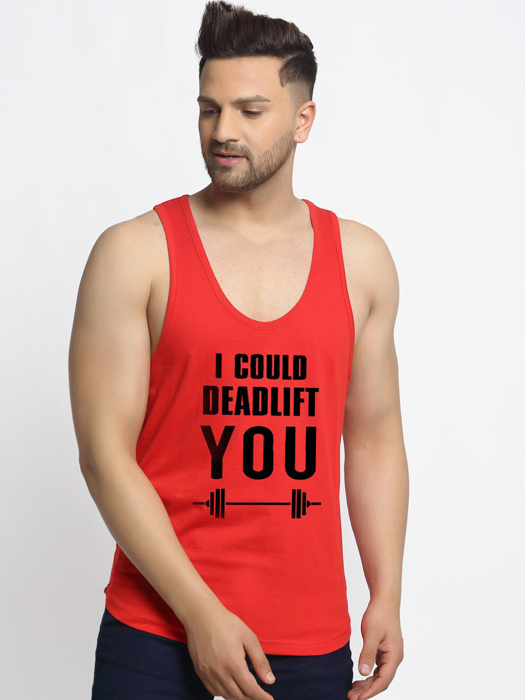Friskers Men Red I could deadlift you Apple Cut Sleeveless Gym Vest