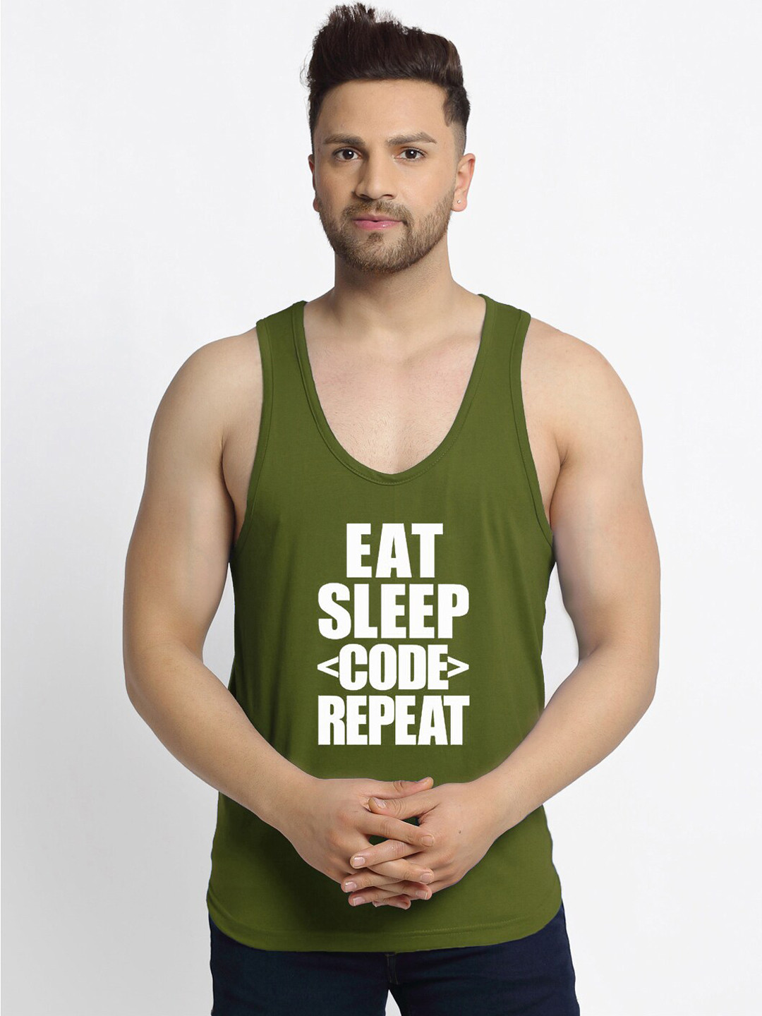 Friskers Men Olive Apple Cut Printed Sleeveless Gym Vest