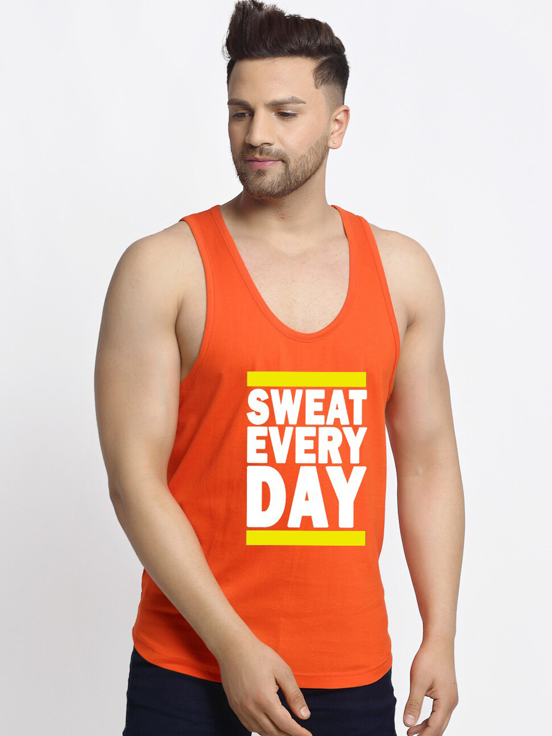 Friskers Men Orange Printed Pure Cotton Gym Vest