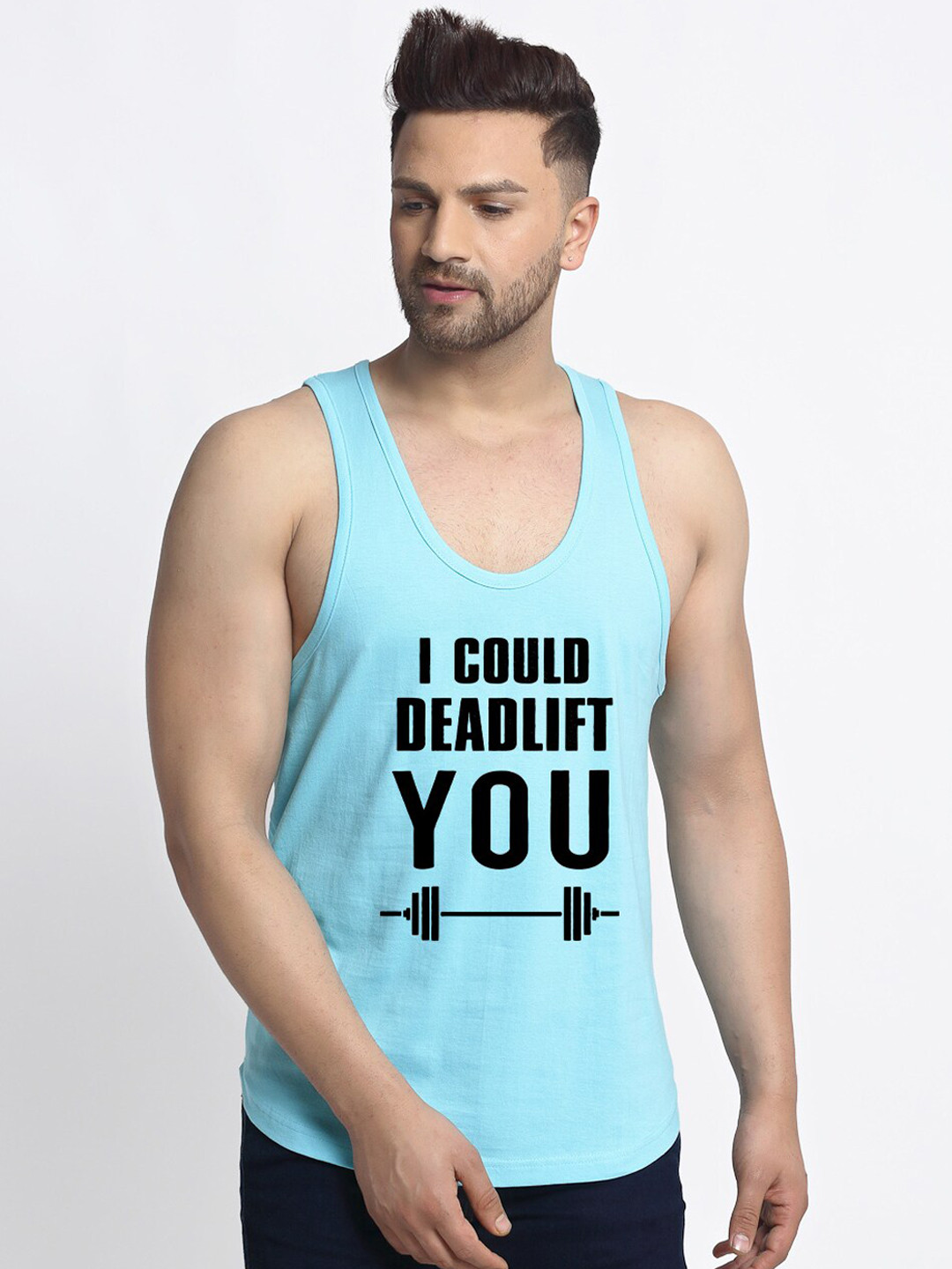 Friskers Men Pure Cotton Turquoise Blue I Could Deadlift You Apple Cut Sleeveless Gym Vest
