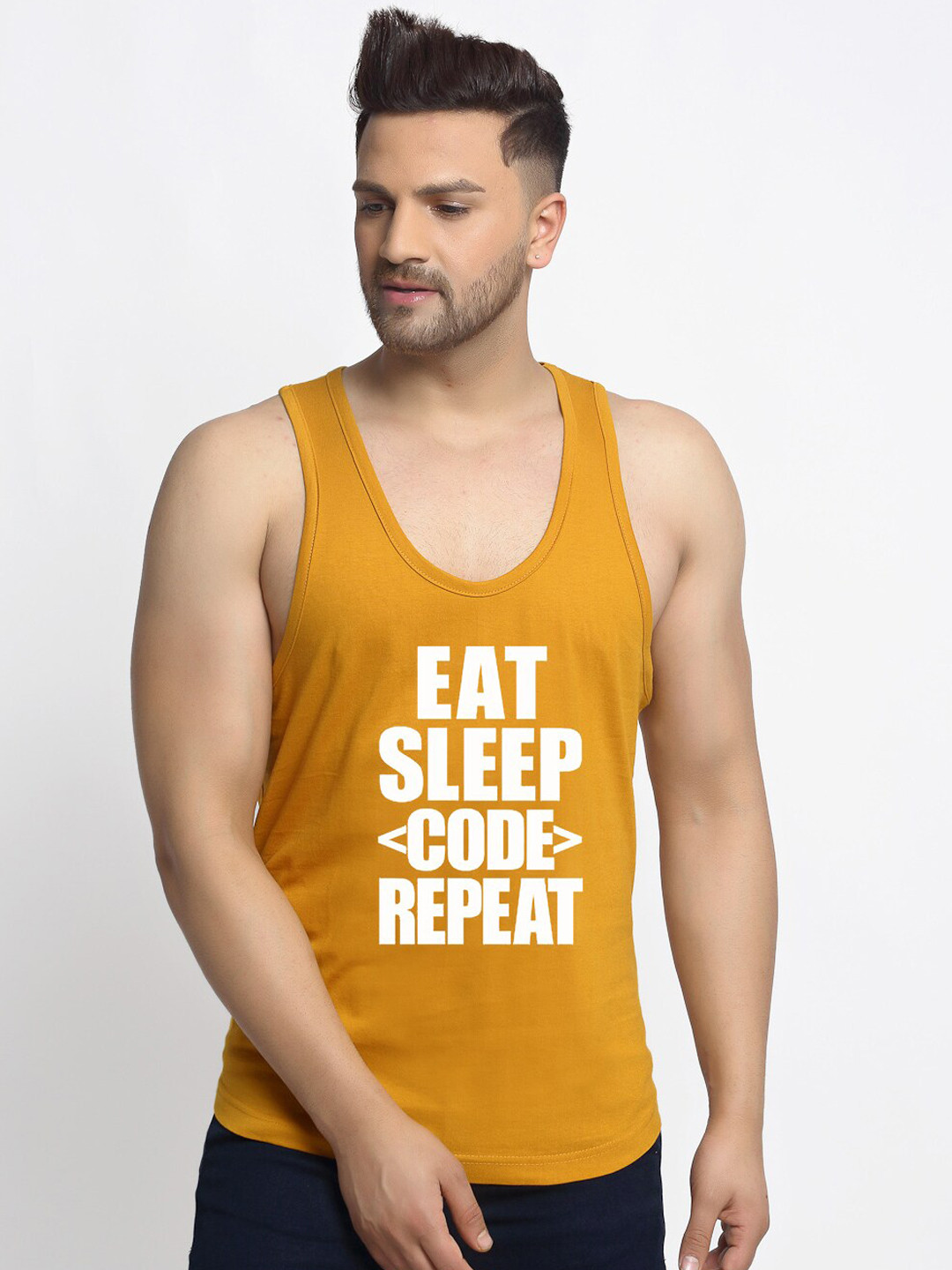 Friskers Men Gold-Colored & White Eat Sleep Printed Pure Cotton Innerwear Vest